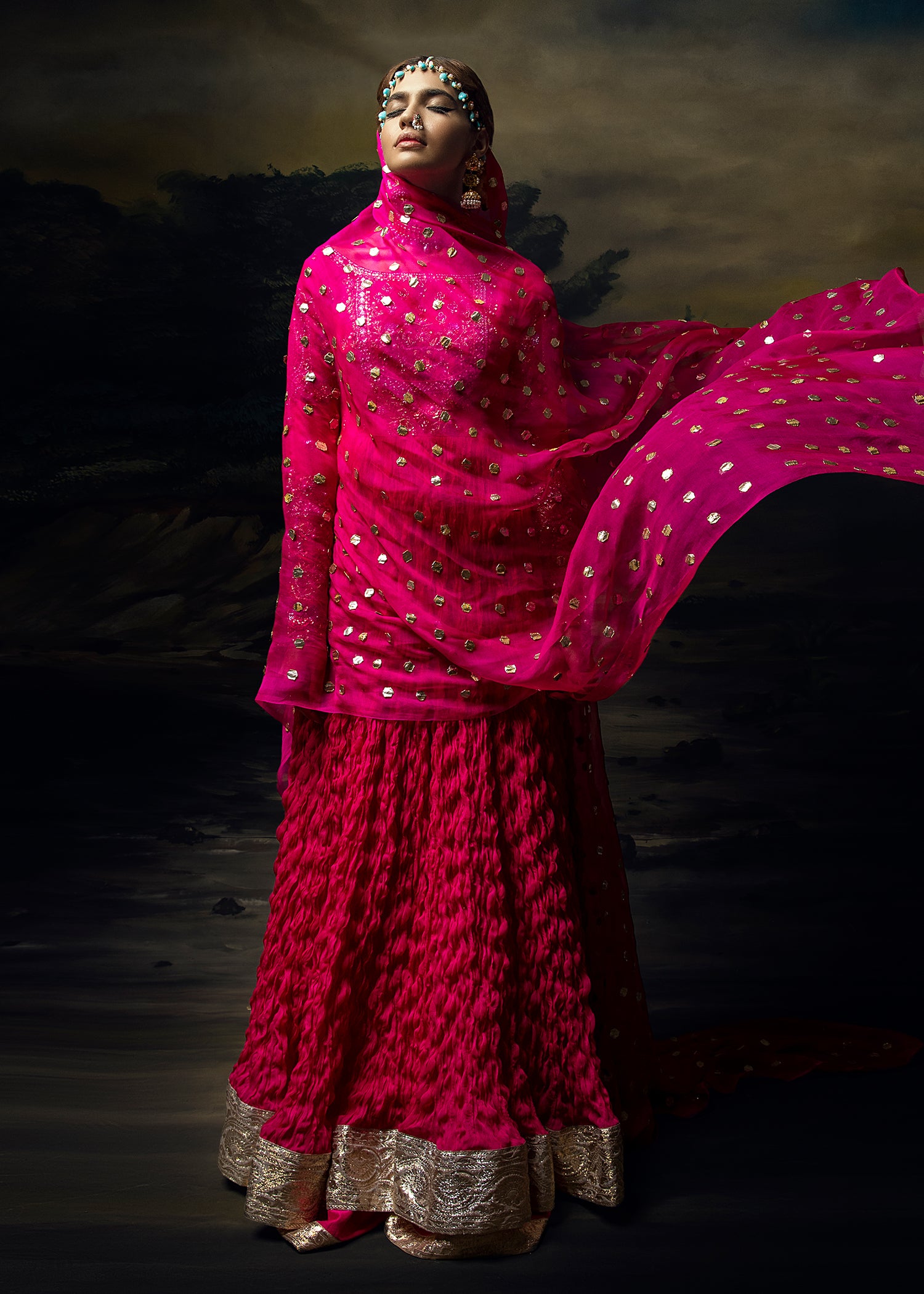 Shocking Pink Gold Embellished Crushed Pishwas (2-Piece) - Image 4