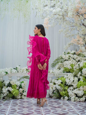 Hot Pink Embroidered Chiffon Pishwas (1-Pc) - Image 2