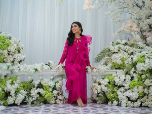 Hot Pink Embroidered Chiffon Pishwas (1-Pc) - Image 3