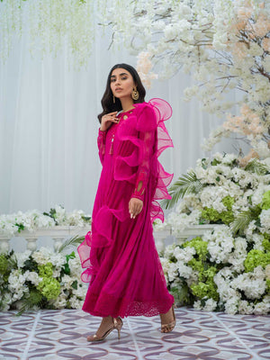 Hot Pink Embroidered Chiffon Pishwas (1-Pc) - Image 4