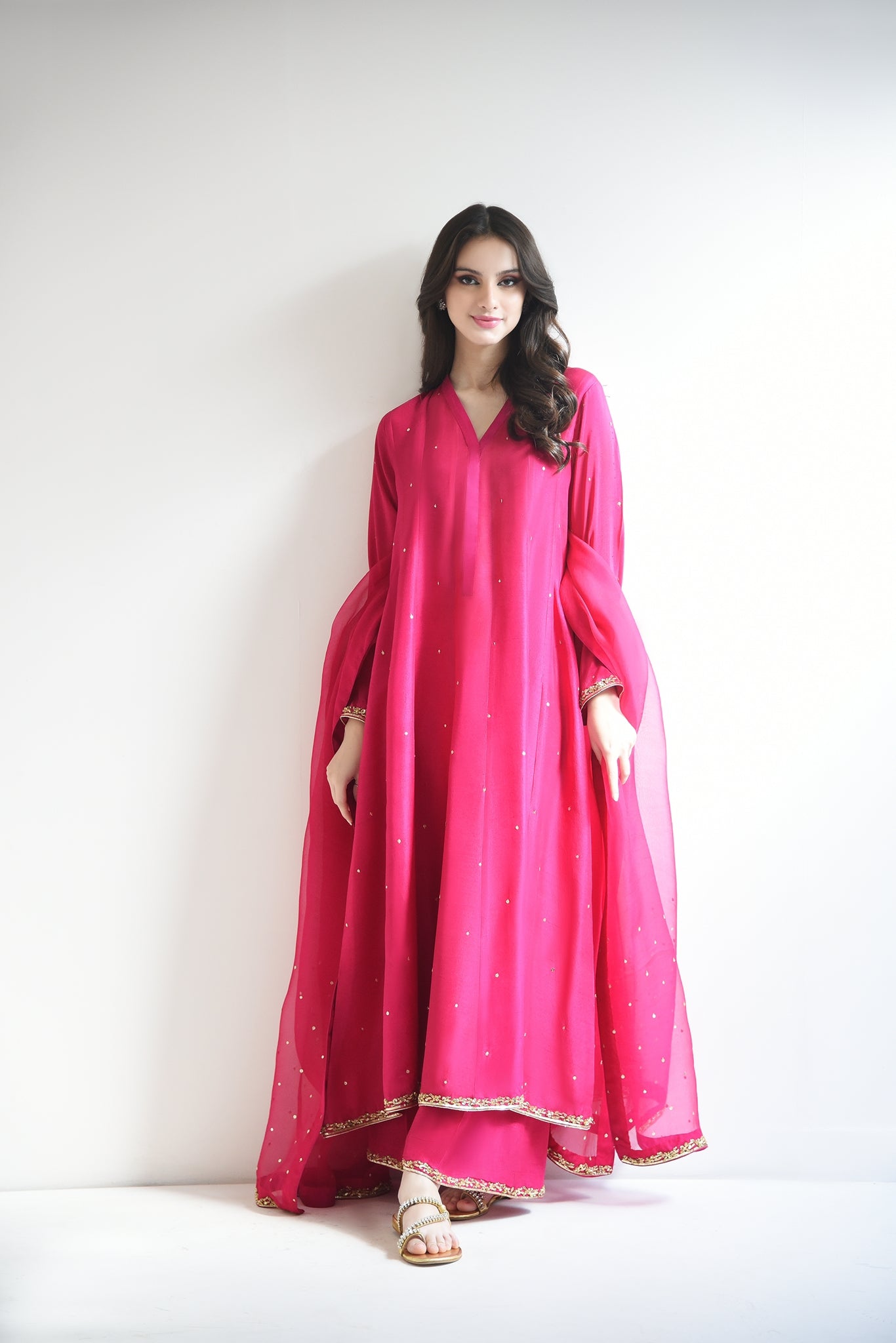 Fuchsia Gold Ada Work Raw Silk Pishwas (3-Piece) - Image 1