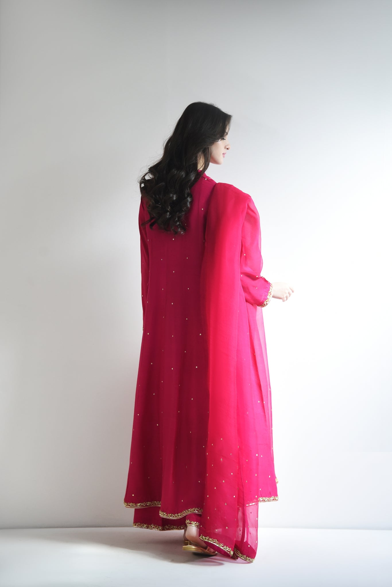 Fuchsia Gold Ada Work Raw Silk Pishwas (3-Piece) - Image 2