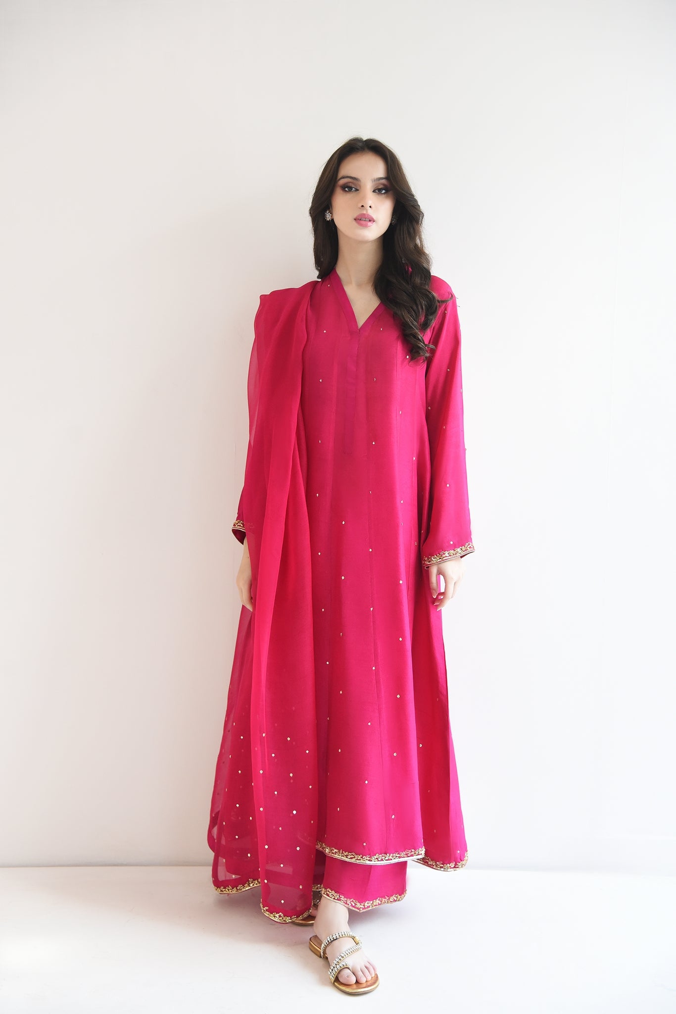 Fuchsia Gold Ada Work Raw Silk Pishwas (3-Piece) - Image 3