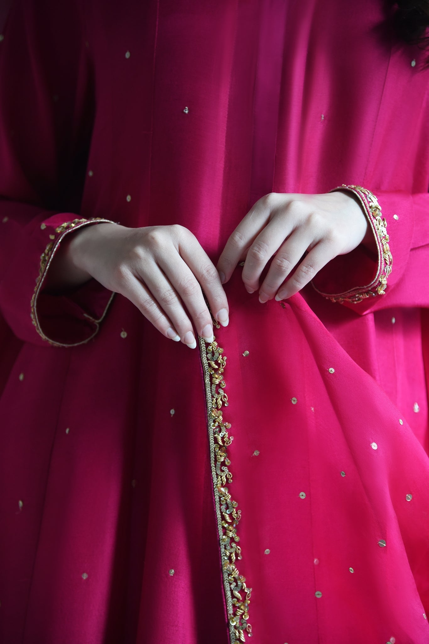 Fuchsia Gold Ada Work Raw Silk Pishwas (3-Piece) - Image 4