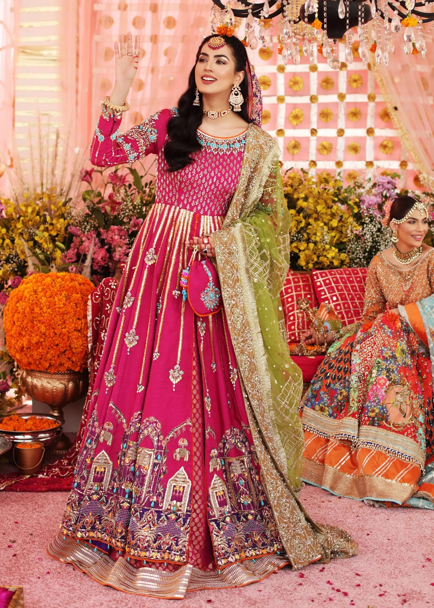 Magenta Embroidered Raw Silk Pishwas Dress (3-Piece) - Image 1