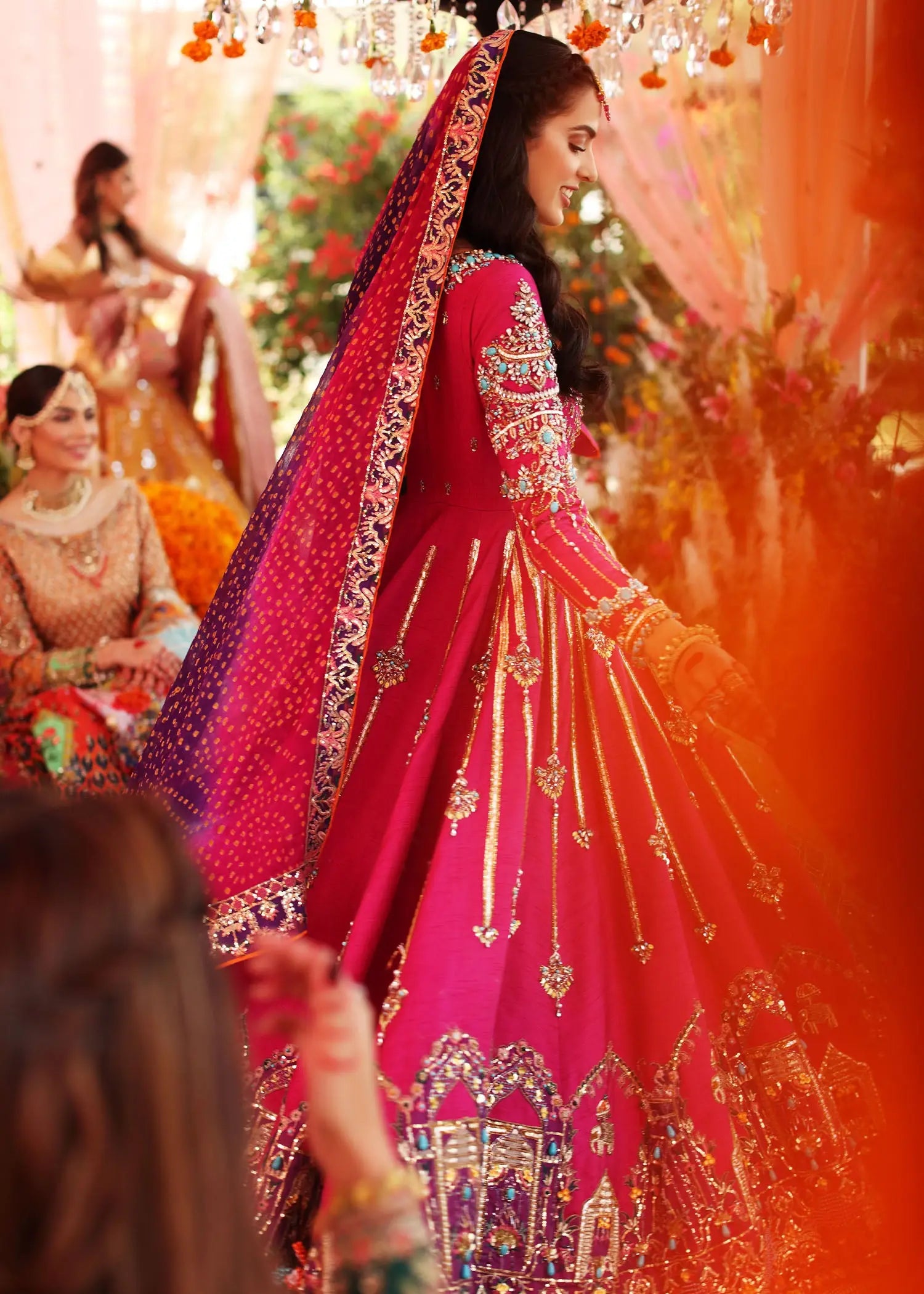 Magenta Embroidered Raw Silk Pishwas Dress (3-Piece) - Image 2