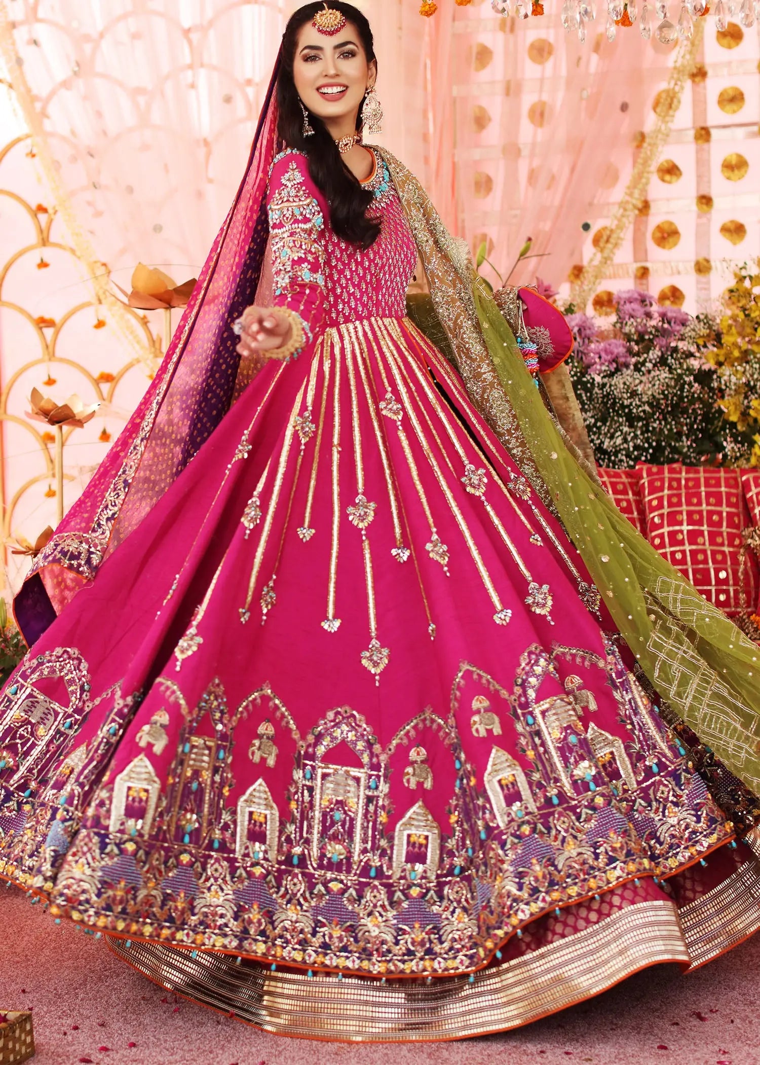 Magenta Embroidered Raw Silk Pishwas Dress (3-Piece) - Image 4