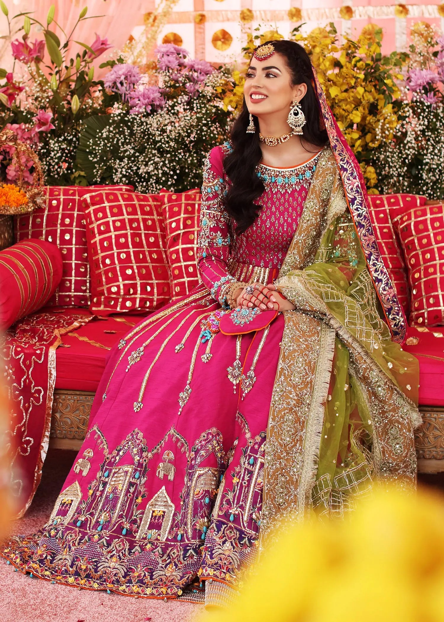 Magenta Embroidered Raw Silk Pishwas Dress (3-Piece) - Image 6