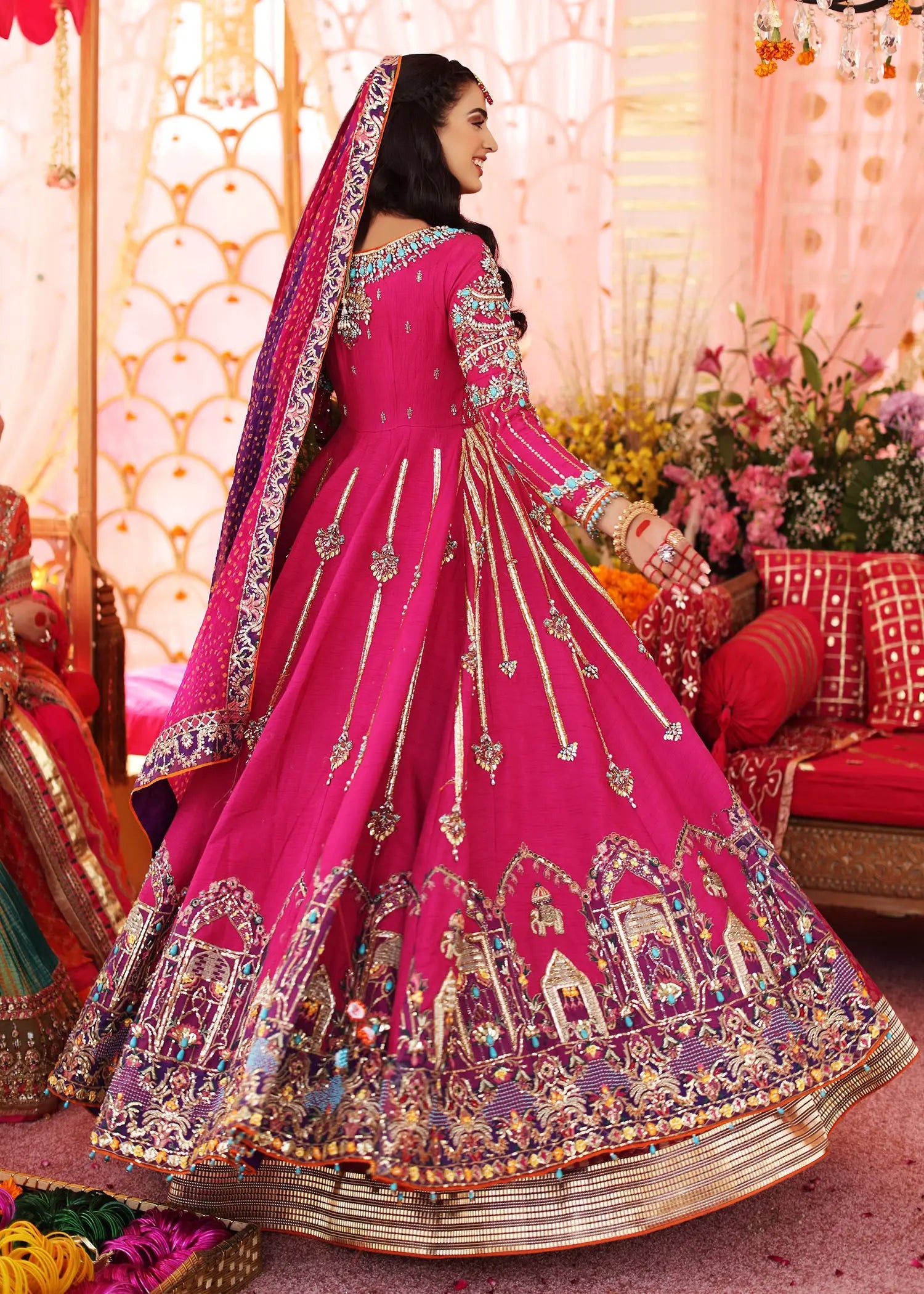 Magenta Embroidered Raw Silk Pishwas Dress (3-Piece) - Image 8