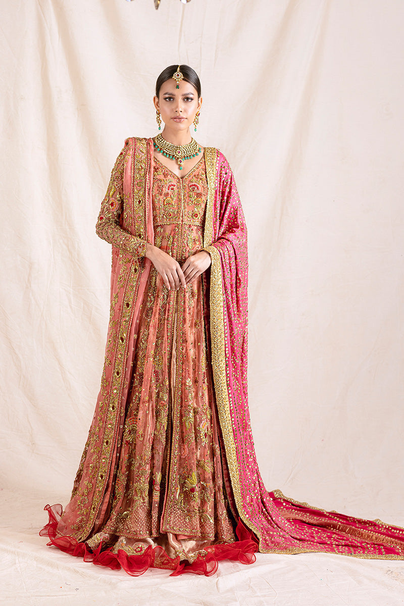Peach Zardozi Silk Net Pishwas Dress (3-Piece) - Image 1