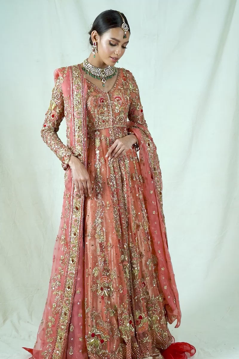 Peach Zardozi Silk Net Pishwas Dress (3-Piece) - Image 2