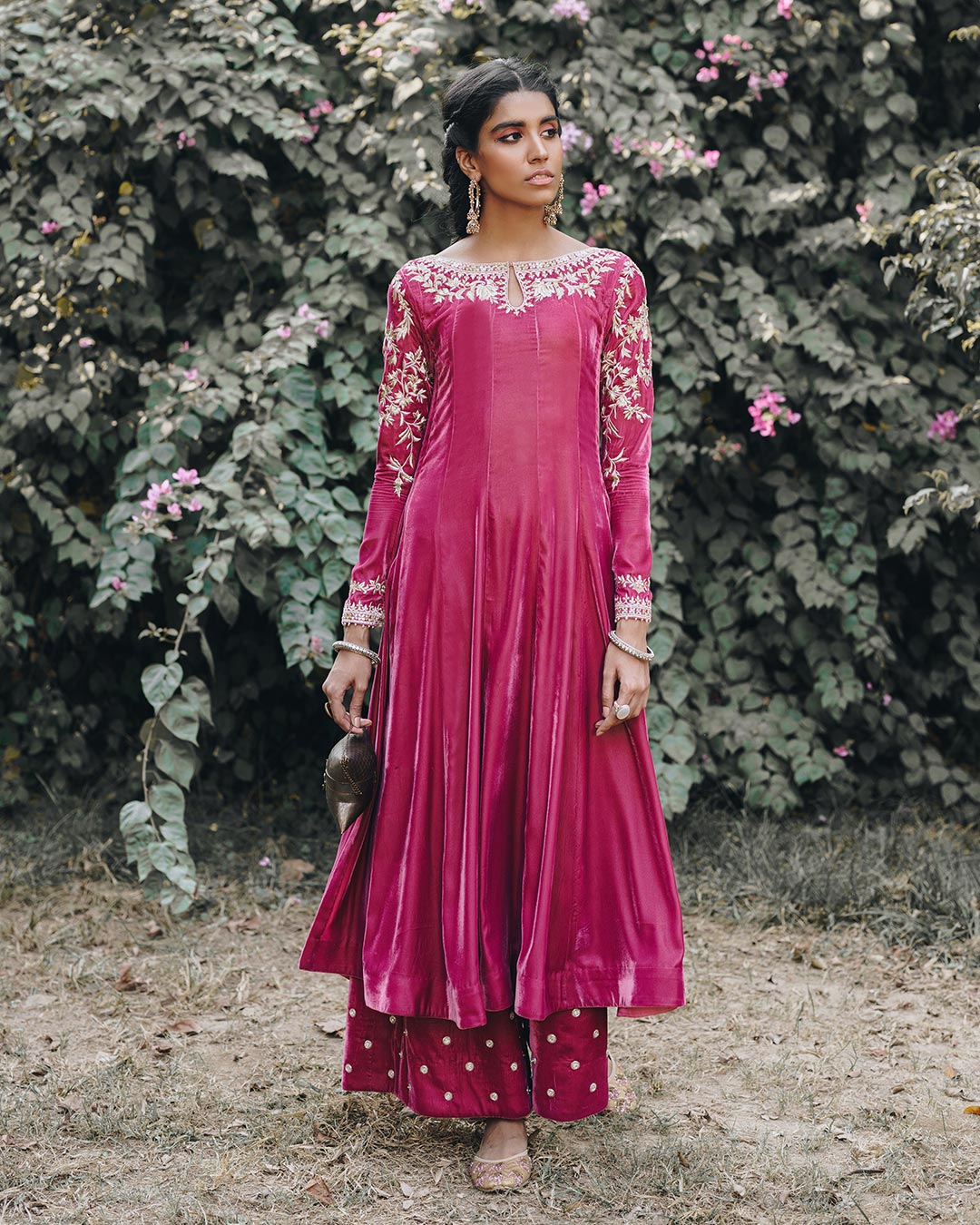 Deep Pink Embroidered Velvet Pishwas (3-Piece) - Image 1