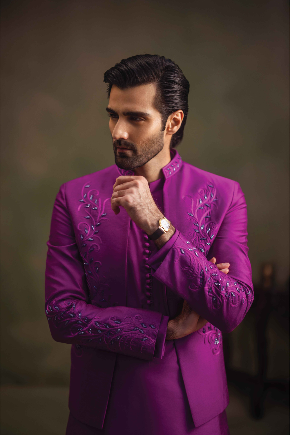 Fuchsia Pink Embroidered Raw Silk Prince Coat (3-Piece) - Image 2