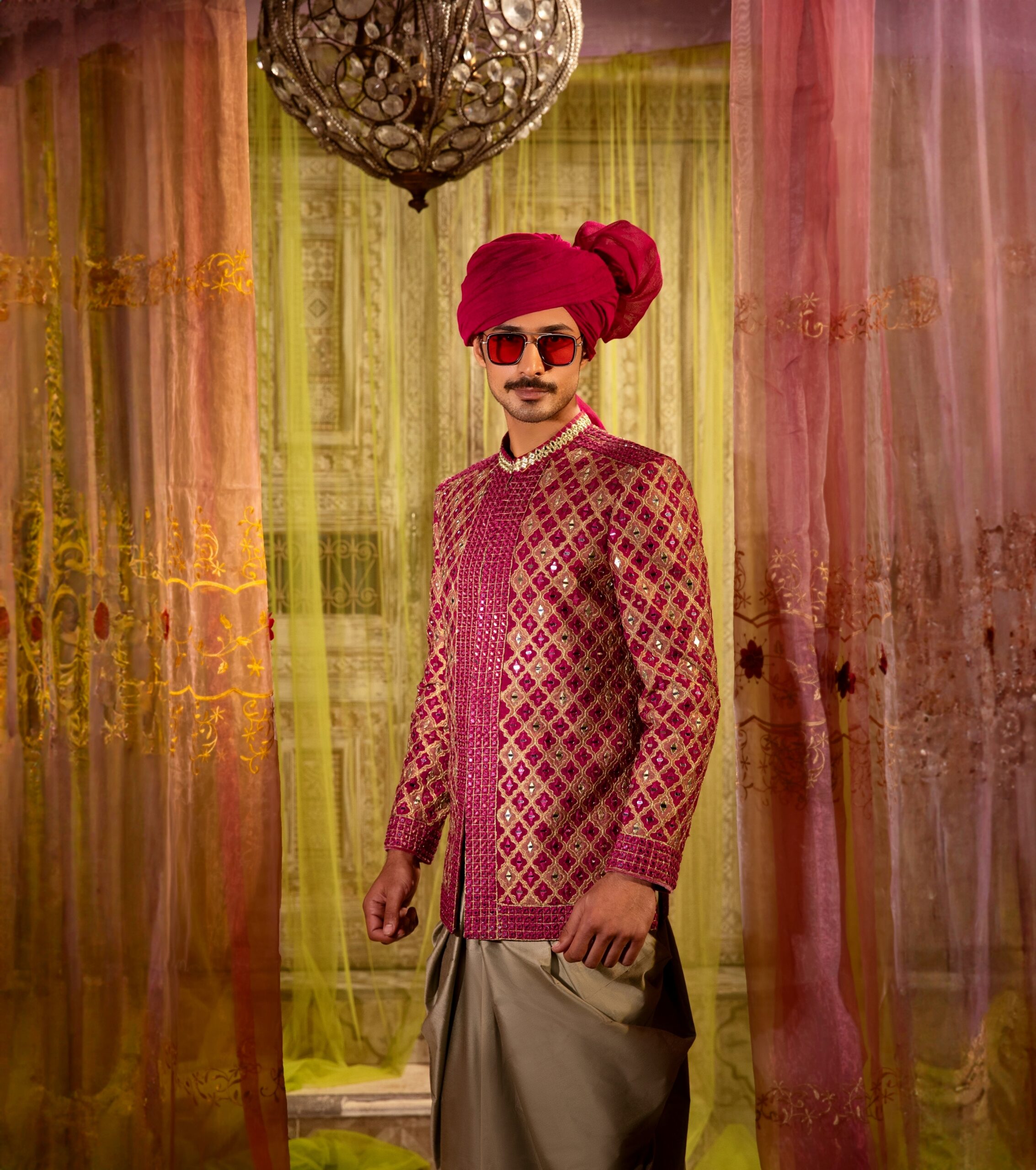 Hot Pink Chikankari Mirror Work Silk-Blend Prince Coat (1-Pc) - Image 1