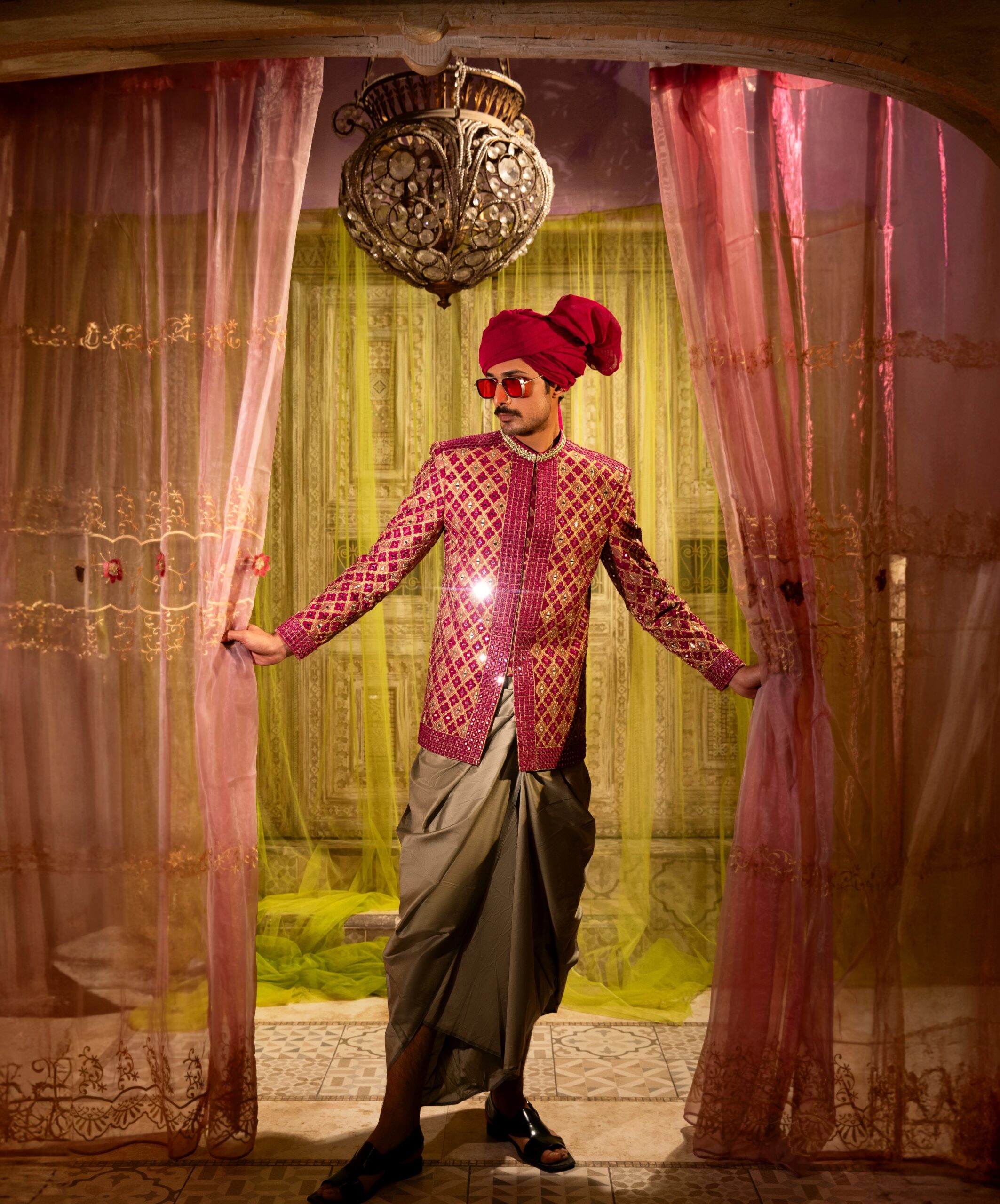 Hot Pink Chikankari Mirror Work Silk-Blend Prince Coat (1-Pc) - Image 2