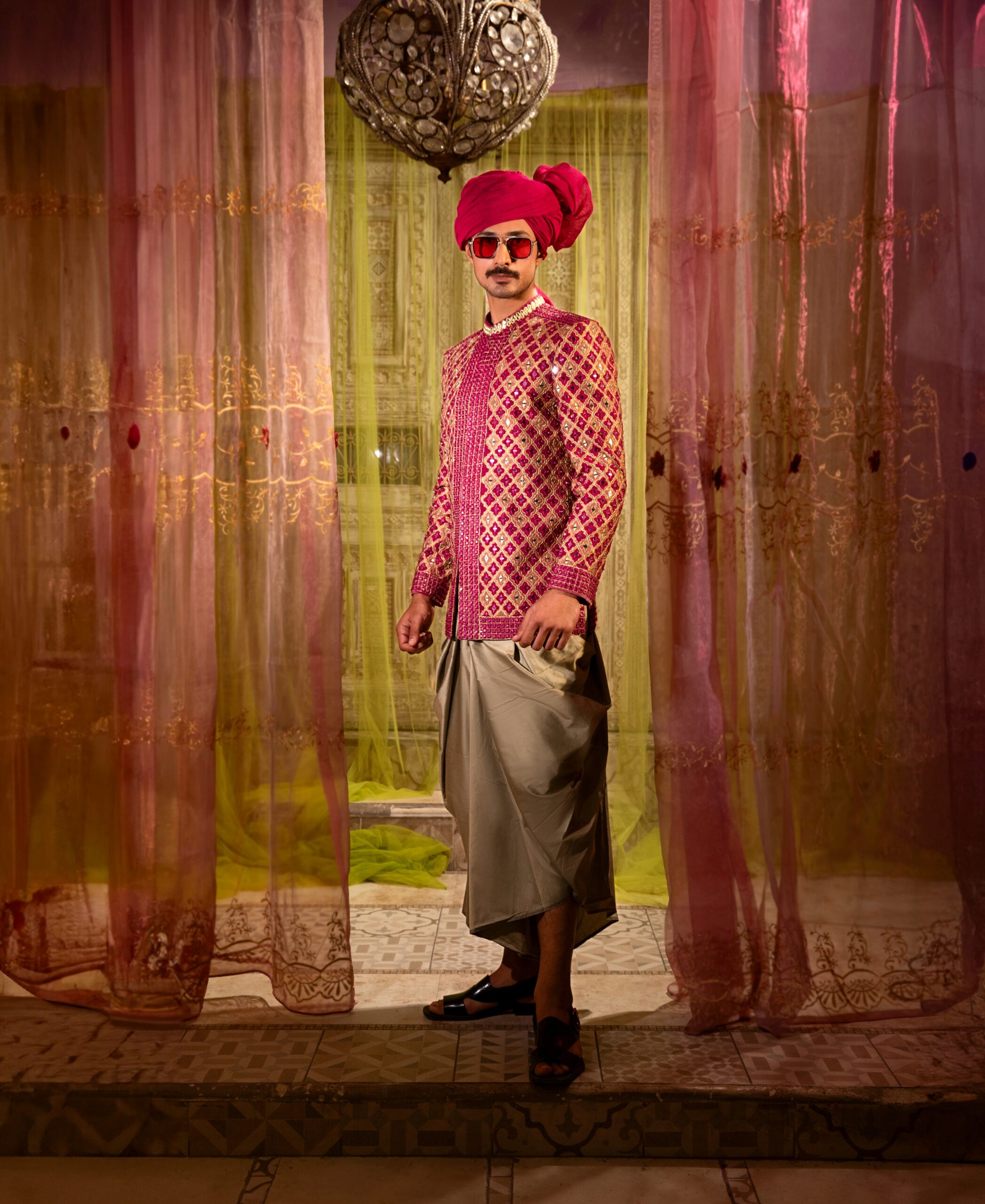 Hot Pink Chikankari Mirror Work Silk-Blend Prince Coat (1-Pc) - Image 3