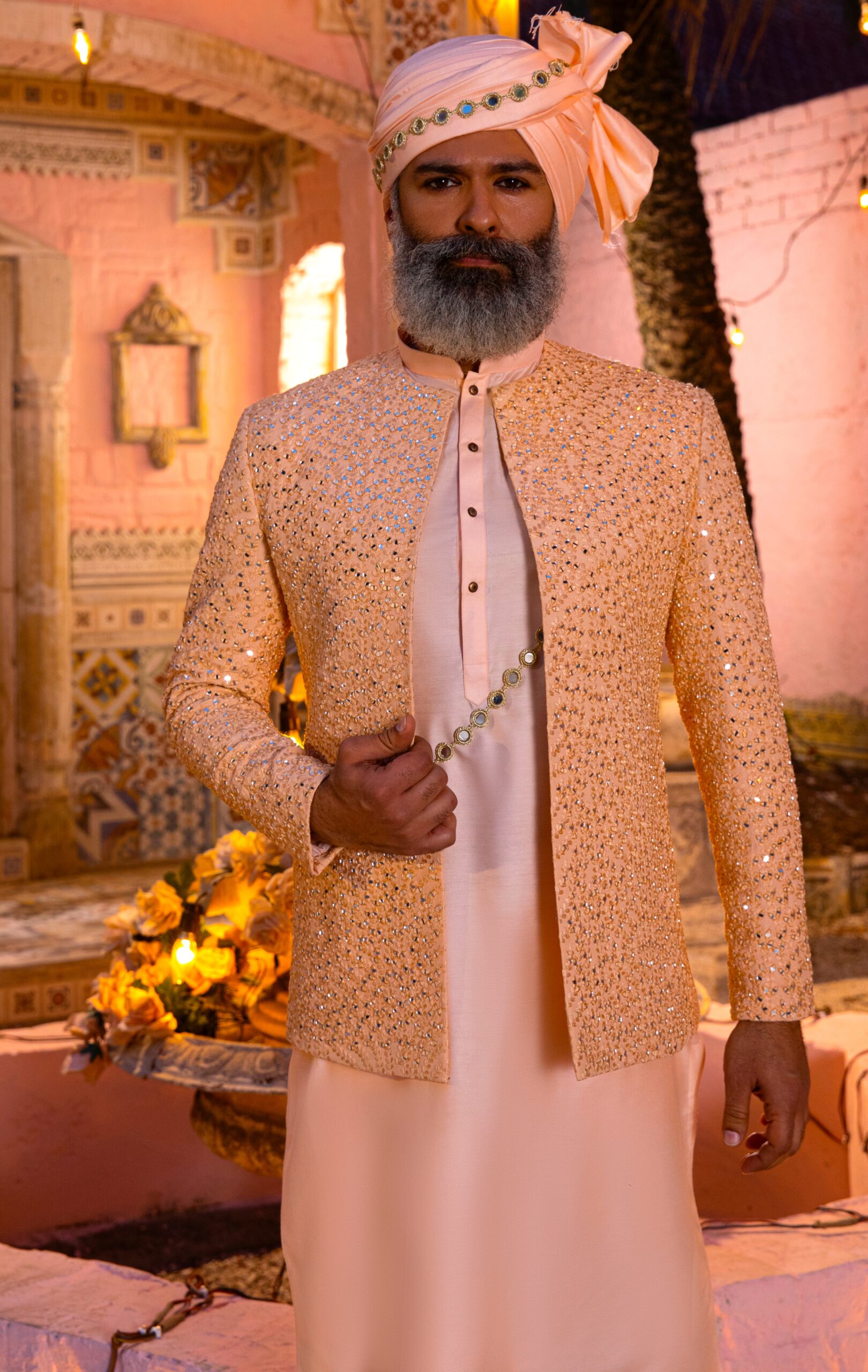 Peach Mirror-Embroidered Silk-Blend Prince Coat (1-Pc) - Image 1