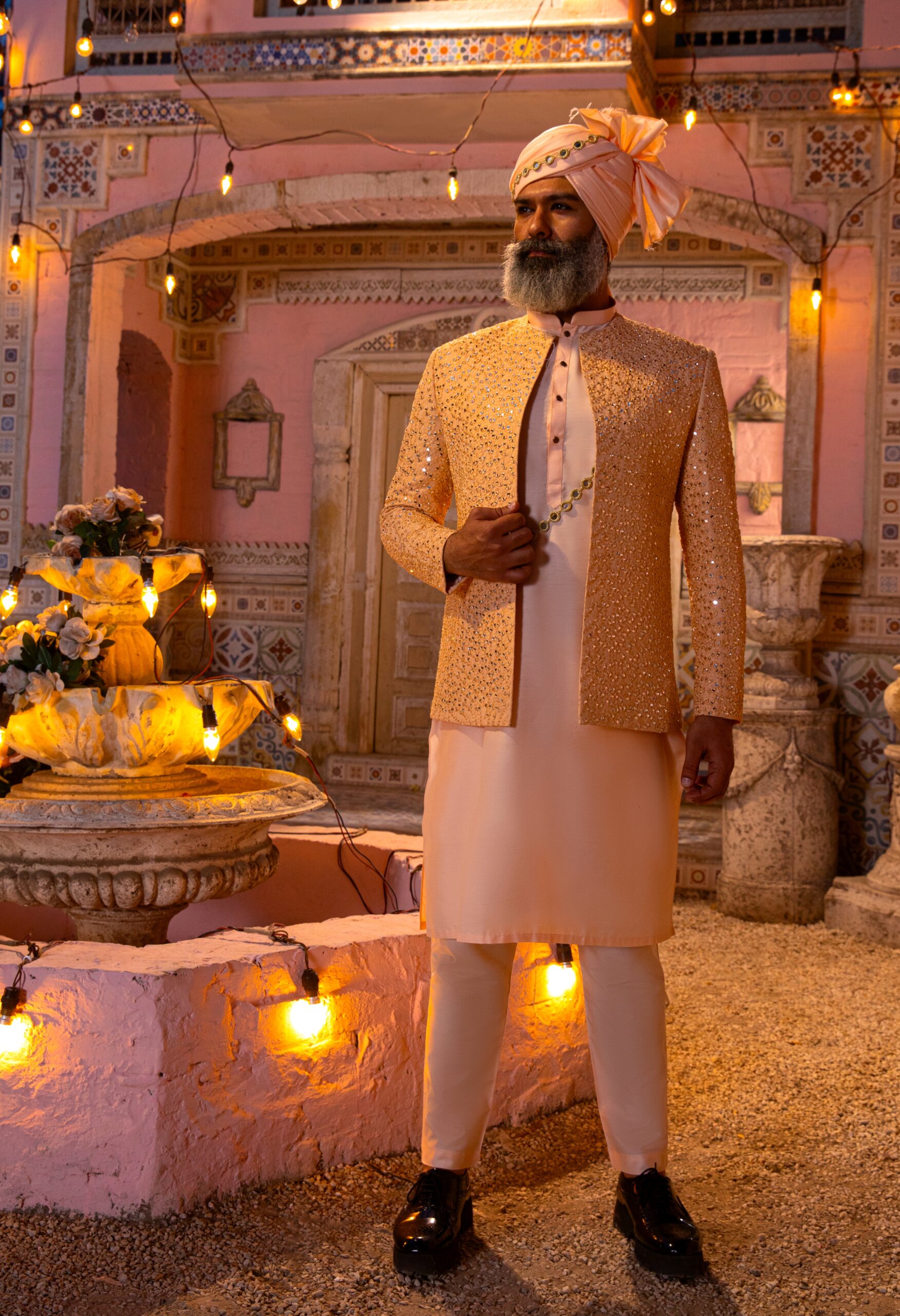 Peach Mirror-Embroidered Silk-Blend Prince Coat (1-Pc) - Image 2