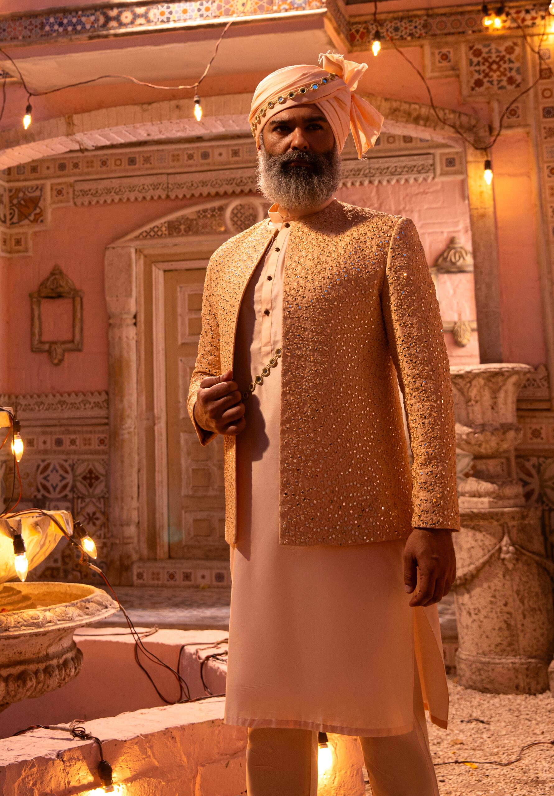 Peach Mirror-Embroidered Silk-Blend Prince Coat (1-Pc) - Image 3