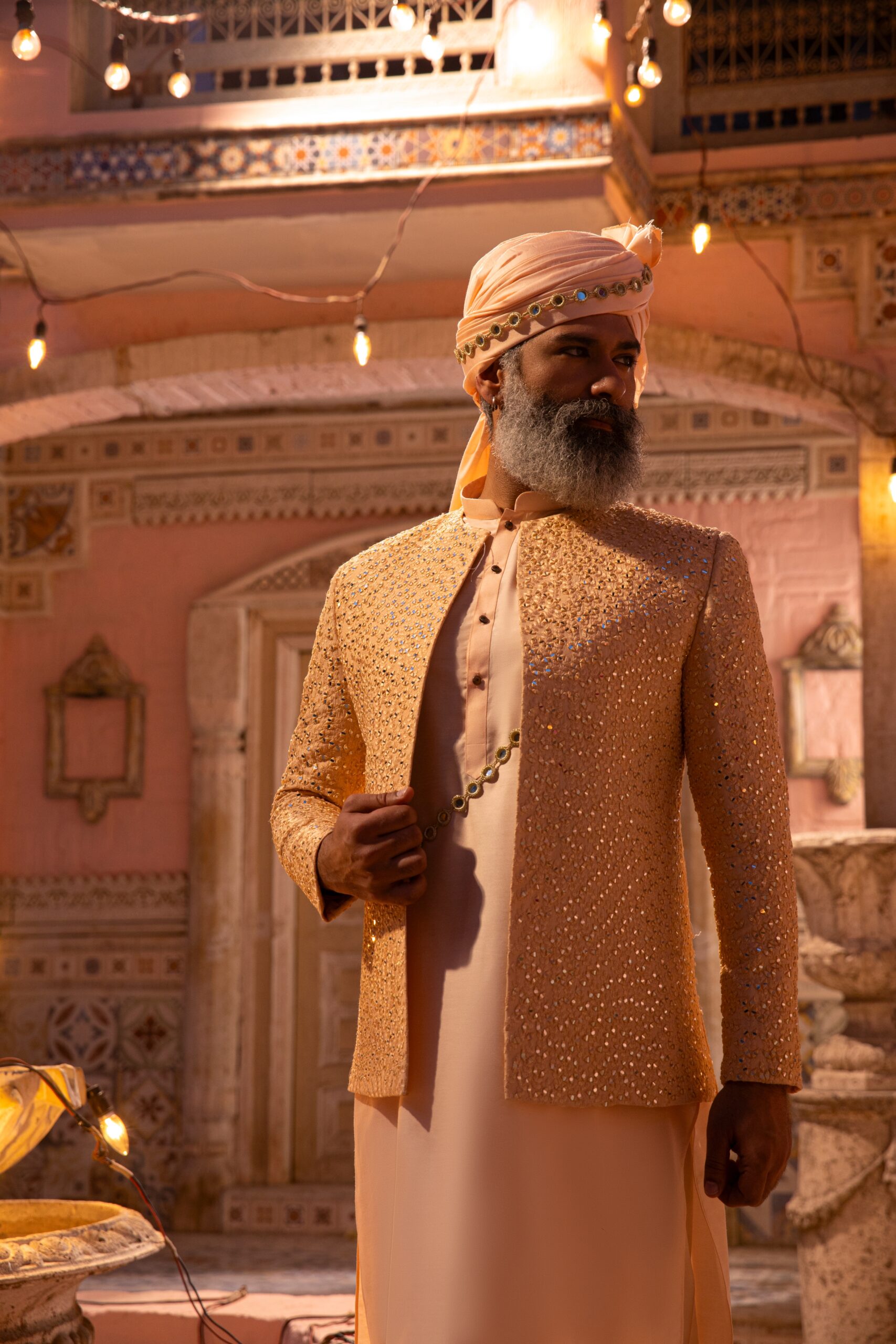 Peach Mirror-Embroidered Silk-Blend Prince Coat (1-Pc) - Image 4