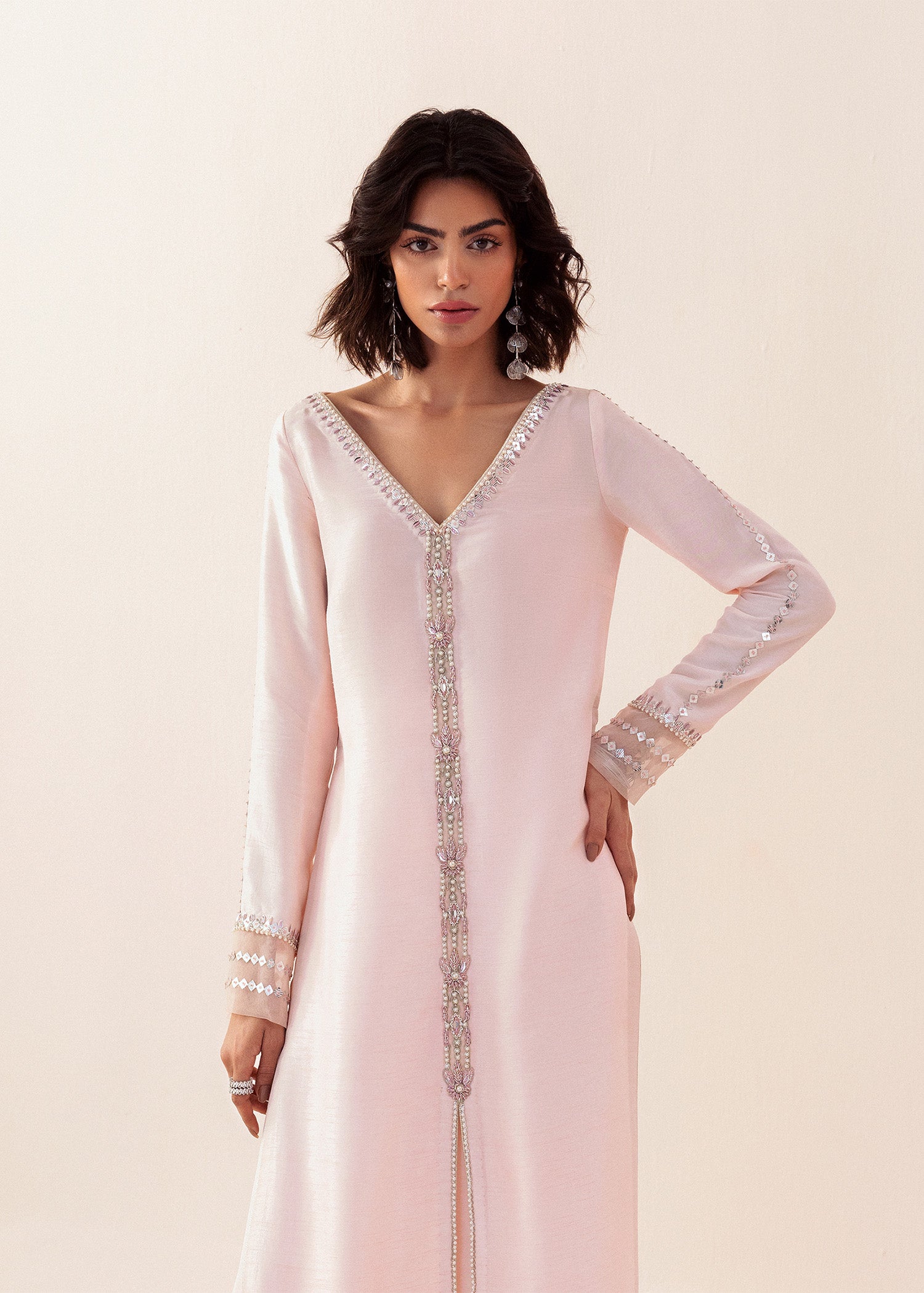 Pakistani Washed Shell Pink Embroidered Silk Salwar Kameez (3-Piece) - Image 2