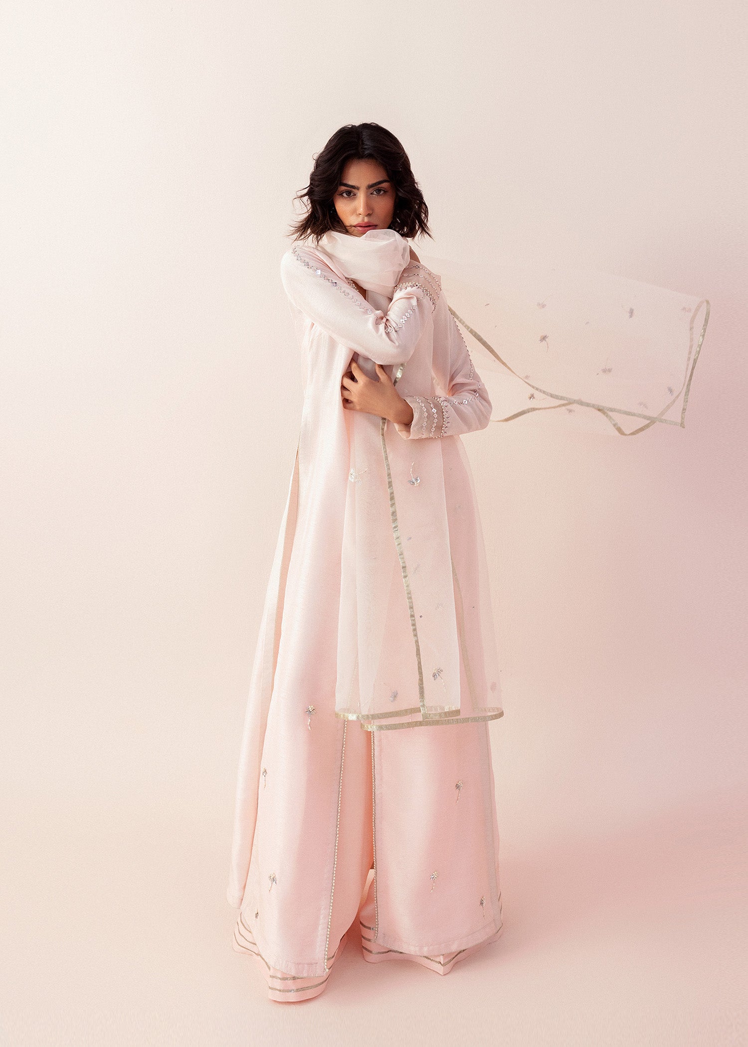 Pakistani Washed Shell Pink Embroidered Silk Salwar Kameez (3-Piece) - Image 4