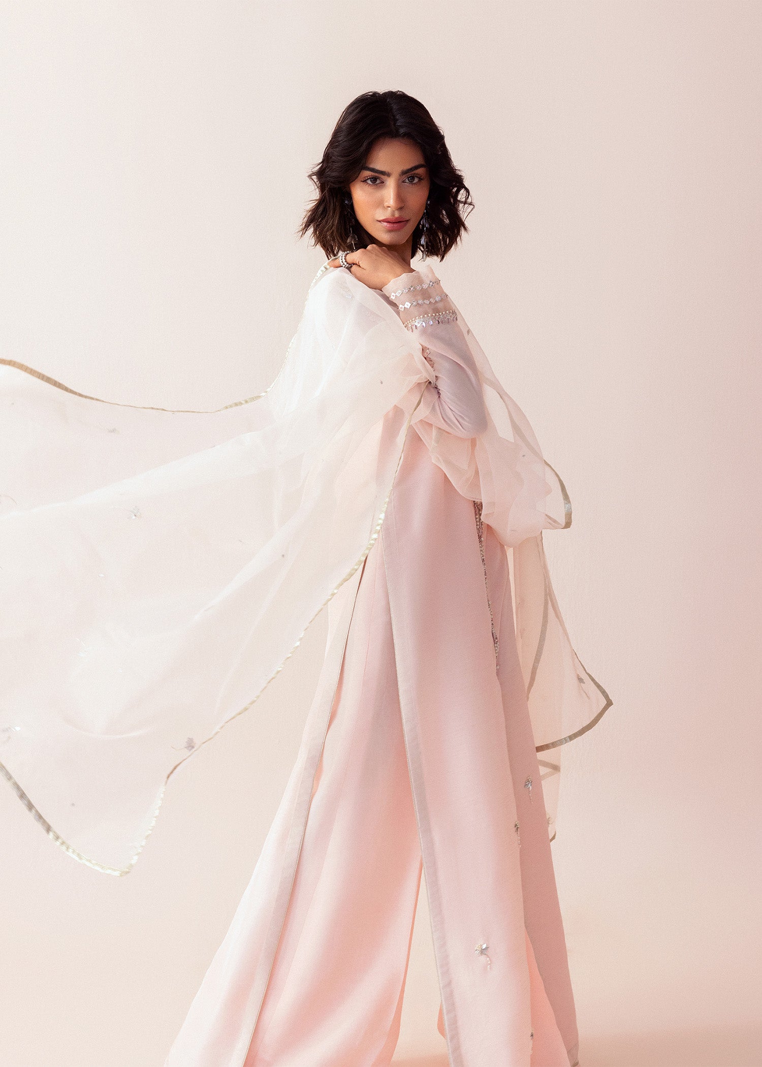 Pakistani Washed Shell Pink Embroidered Silk Salwar Kameez (3-Piece) - Image 7