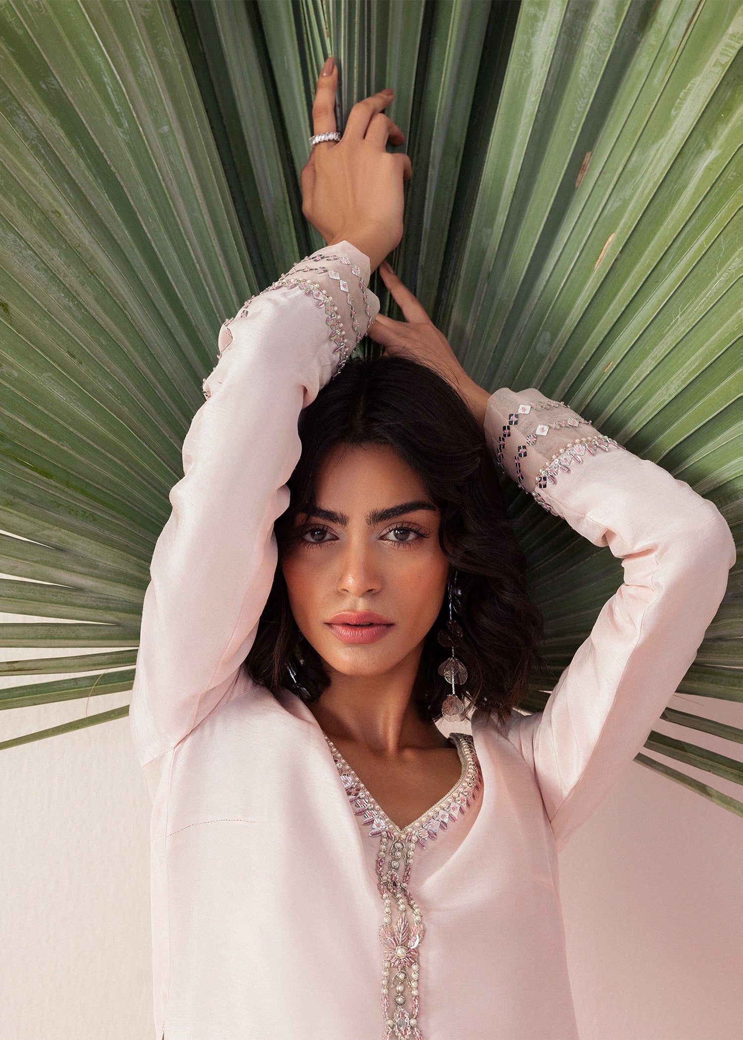 Pakistani Washed Shell Pink Embroidered Silk Salwar Kameez (3-Piece) - Image 9