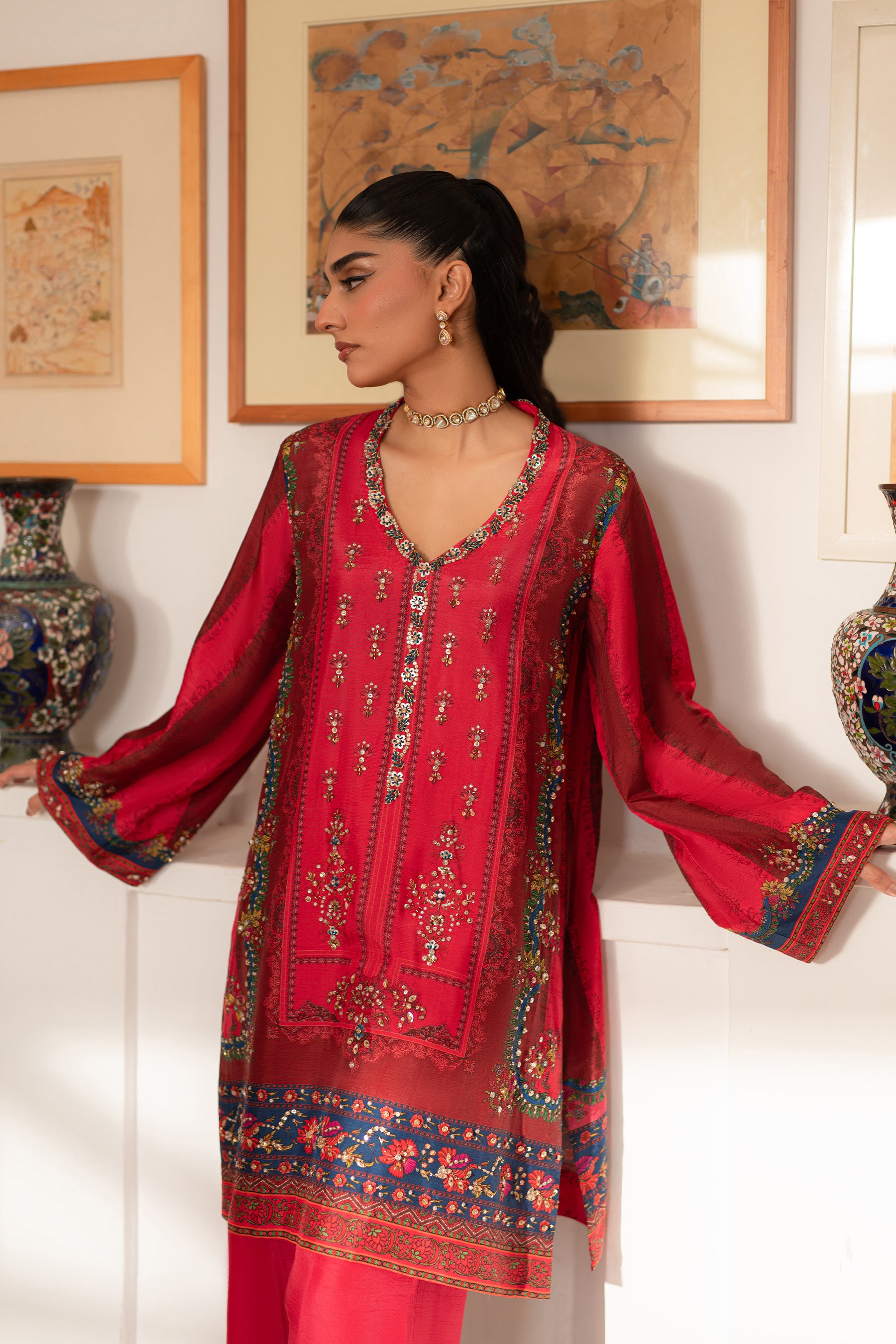 Pakistani Hot Pink & Red Beadwork Blended Silk Co-ord Set (2-Piece) - Image 4