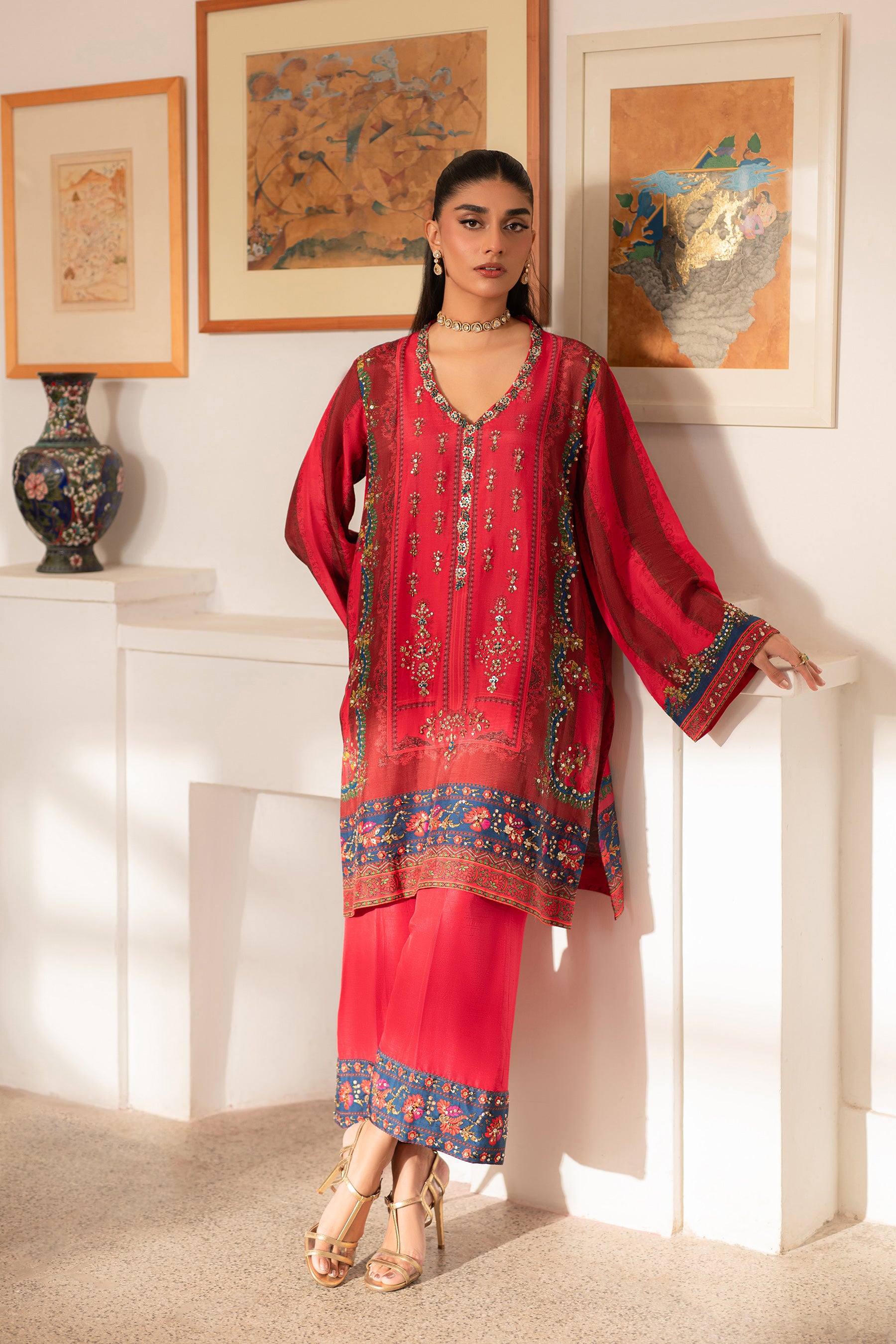 Pakistani Hot Pink & Red Beadwork Blended Silk Co-ord Set (2-Piece) - Image 5
