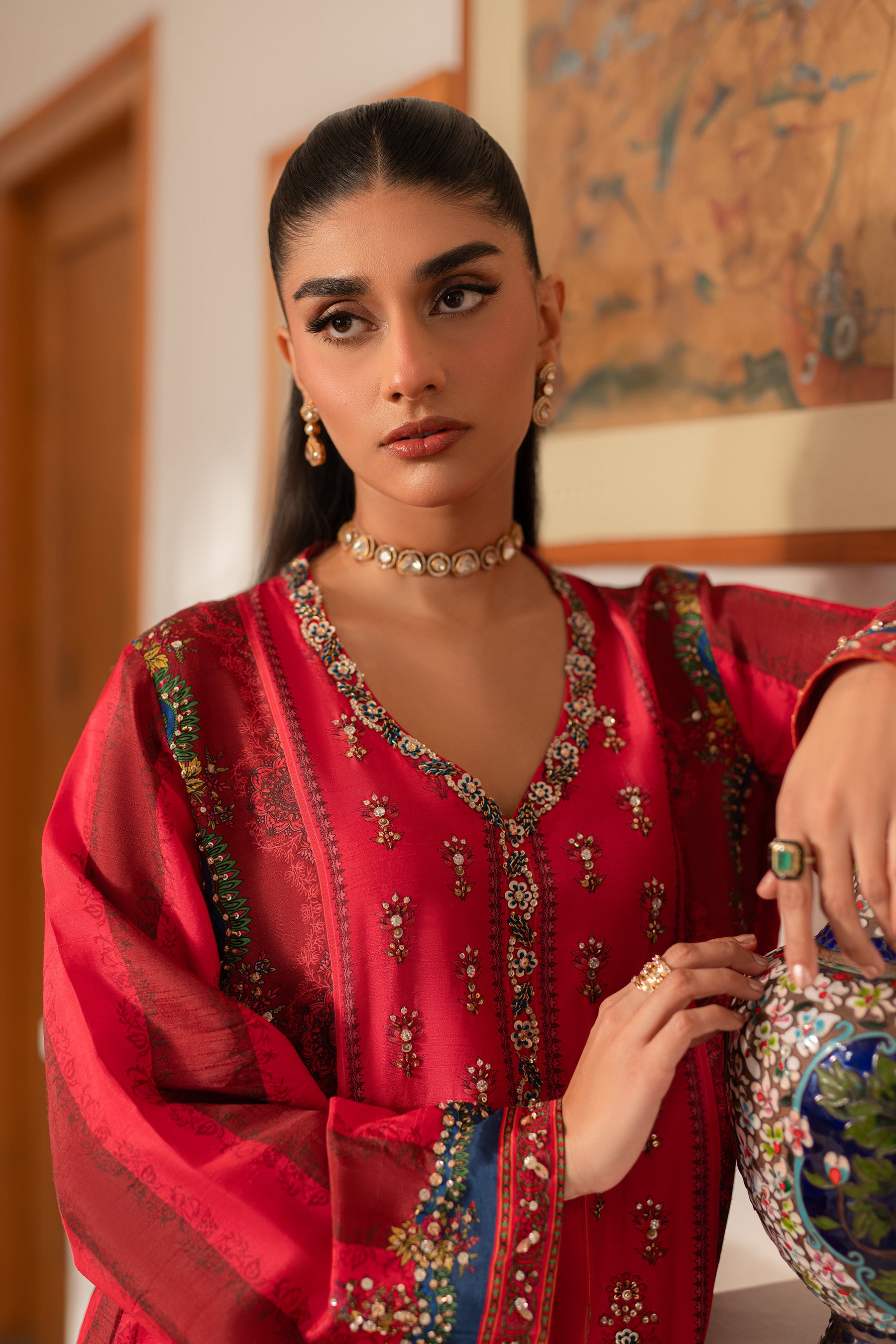 Pakistani Hot Pink & Red Beadwork Blended Silk Co-ord (2-Piece) - Image 2