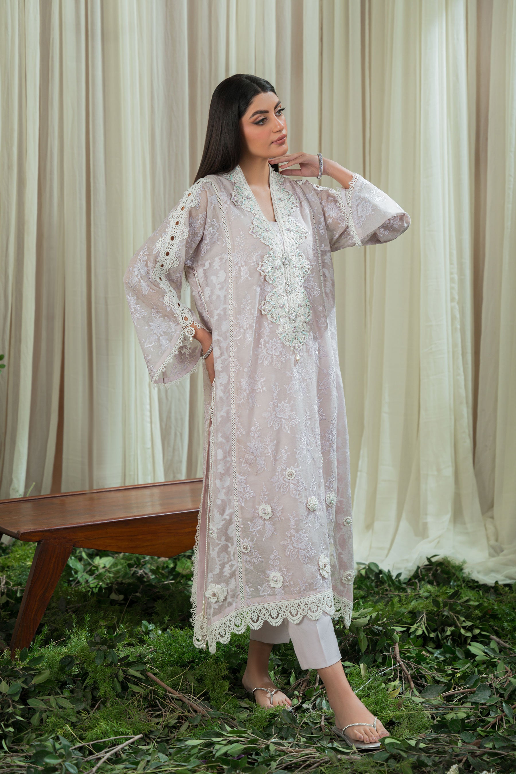 Pakistani Pastel Lilac Embellished Blended Silk Salwar Kameez (2-Piece) - Image 1