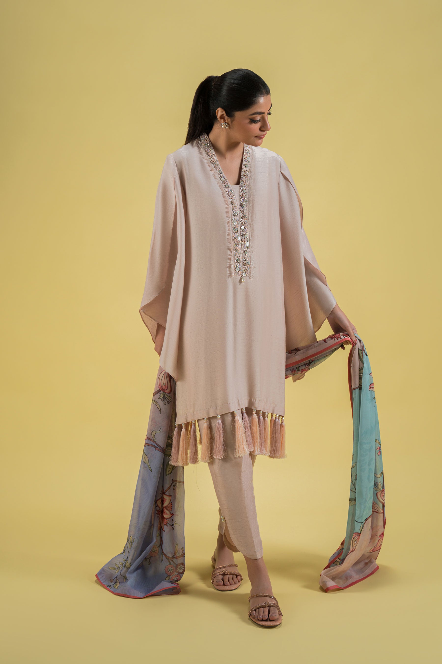Pakistani Soft Pink Embellished Blended Silk Salwar Kameez (3-Piece) - Image 1