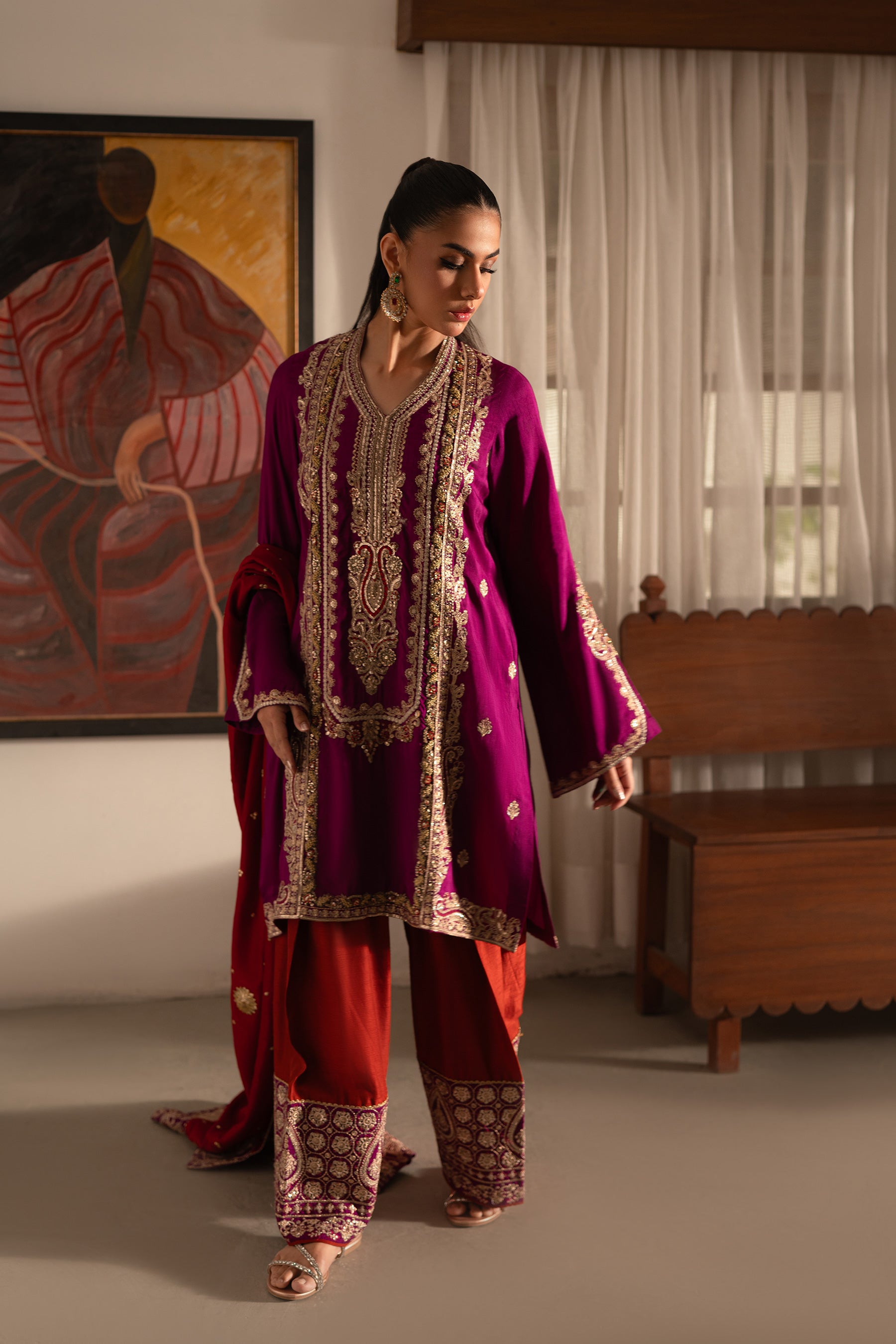 Pakistani Magenta Multi Embroidered Blended Silk Salwar Kameez (3-Piece) - Image 1