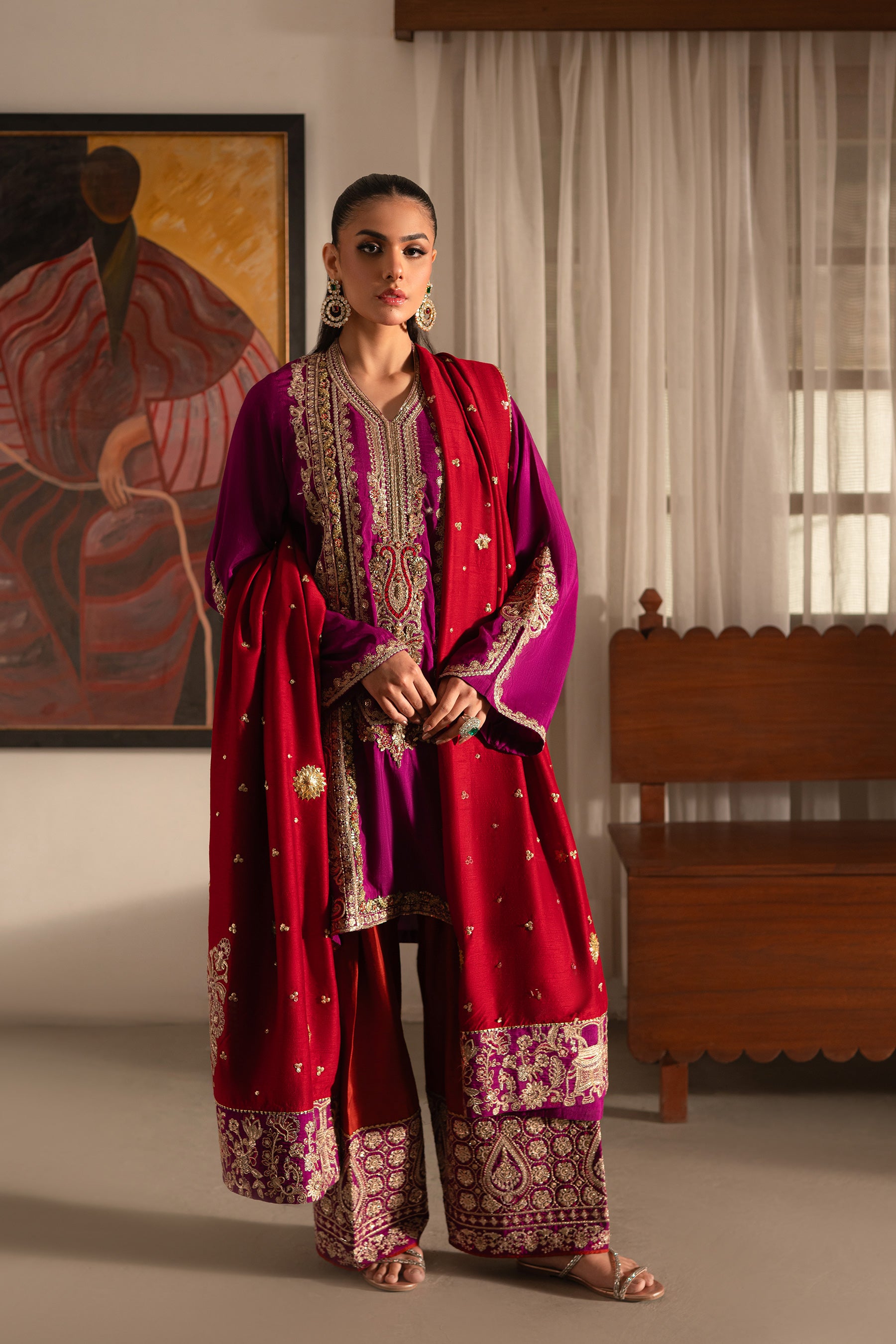 Pakistani Magenta Multi Embroidered Blended Silk Salwar Kameez (3-Piece) - Image 4