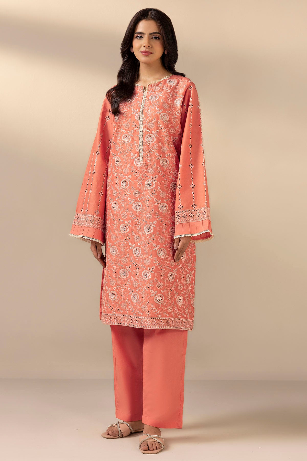 Coral Schiffli Embroidered Cambric Lawn Salwar Kameez (2-Piece) - Image 1