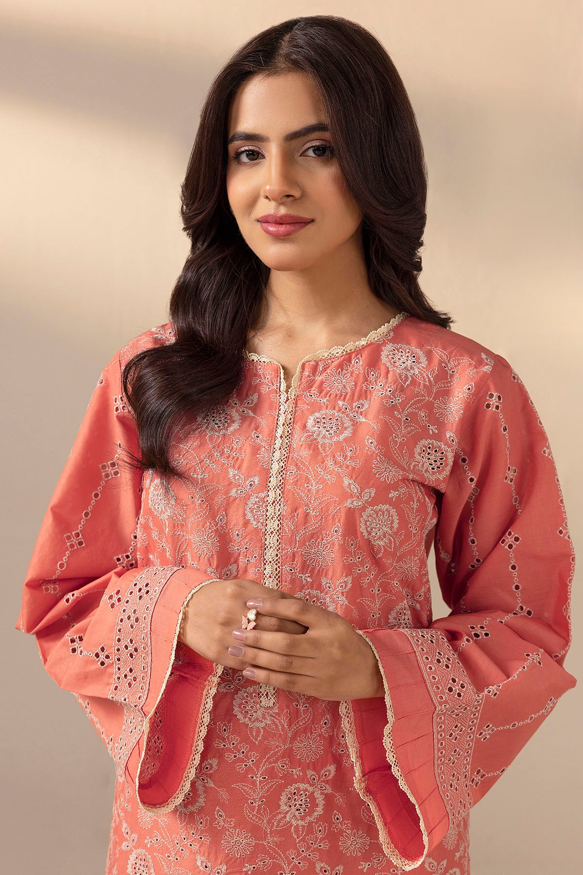Coral Schiffli Embroidered Cambric Lawn Salwar Kameez (2-Piece) - Image 2