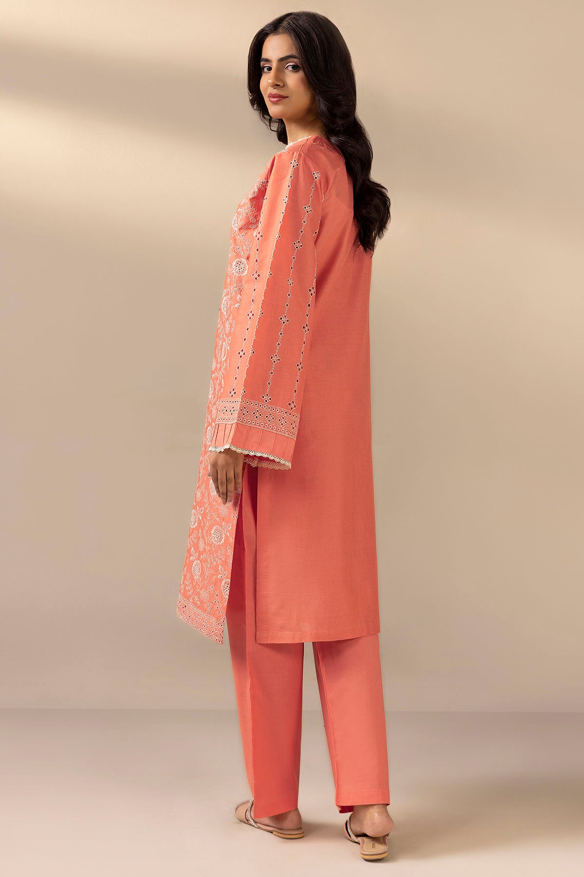 Coral Schiffli Embroidered Cambric Lawn Salwar Kameez (2-Piece) - Image 3
