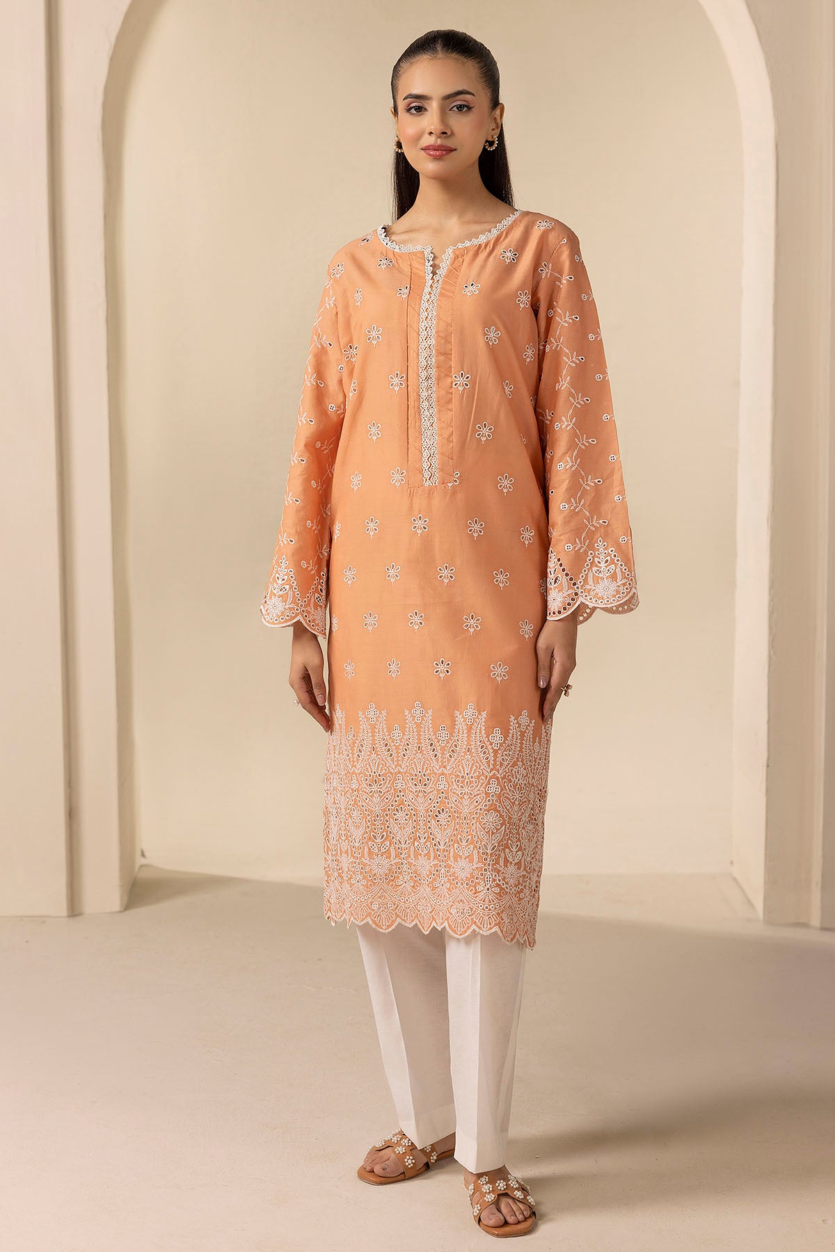 Pakistani Peach Schiffli Embroidered Cambric Lawn Long Shirt (1-Pc) - Image 1