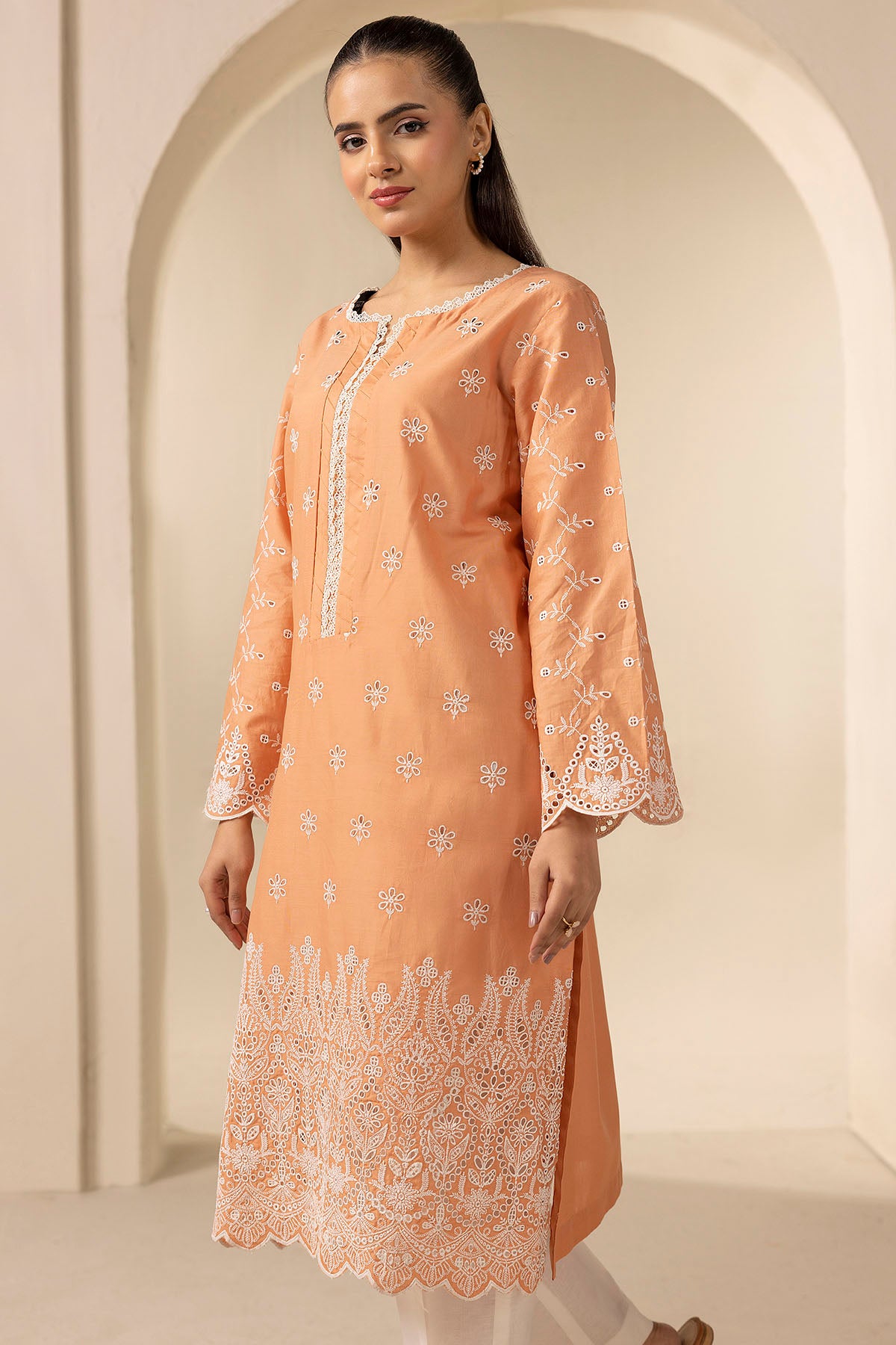 Pakistani Peach Schiffli Embroidered Cambric Lawn Long Shirt (1-Pc) - Image 2