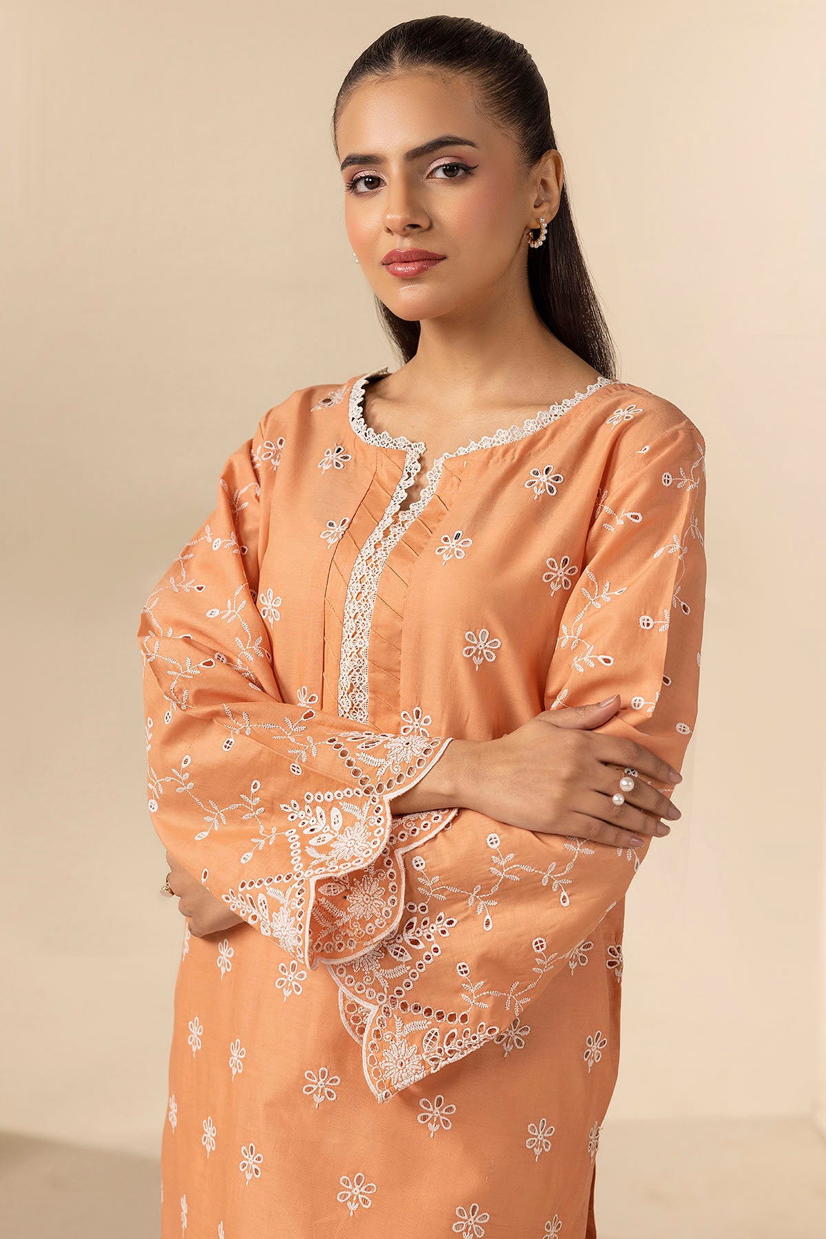 Pakistani Peach Schiffli Embroidered Cambric Lawn Long Shirt (1-Pc) - Image 3