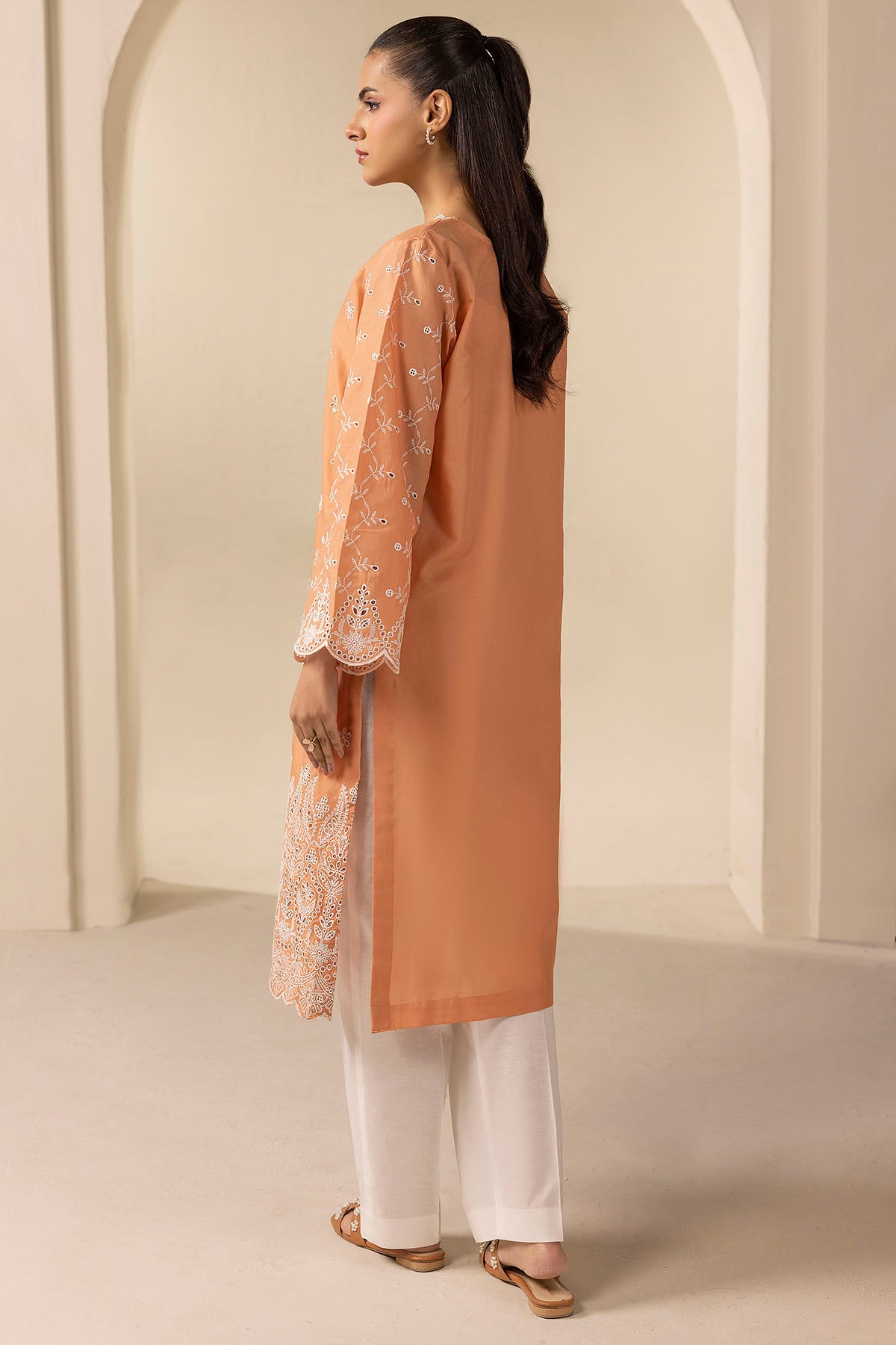 Pakistani Peach Schiffli Embroidered Cambric Lawn Long Shirt (1-Pc) - Image 4