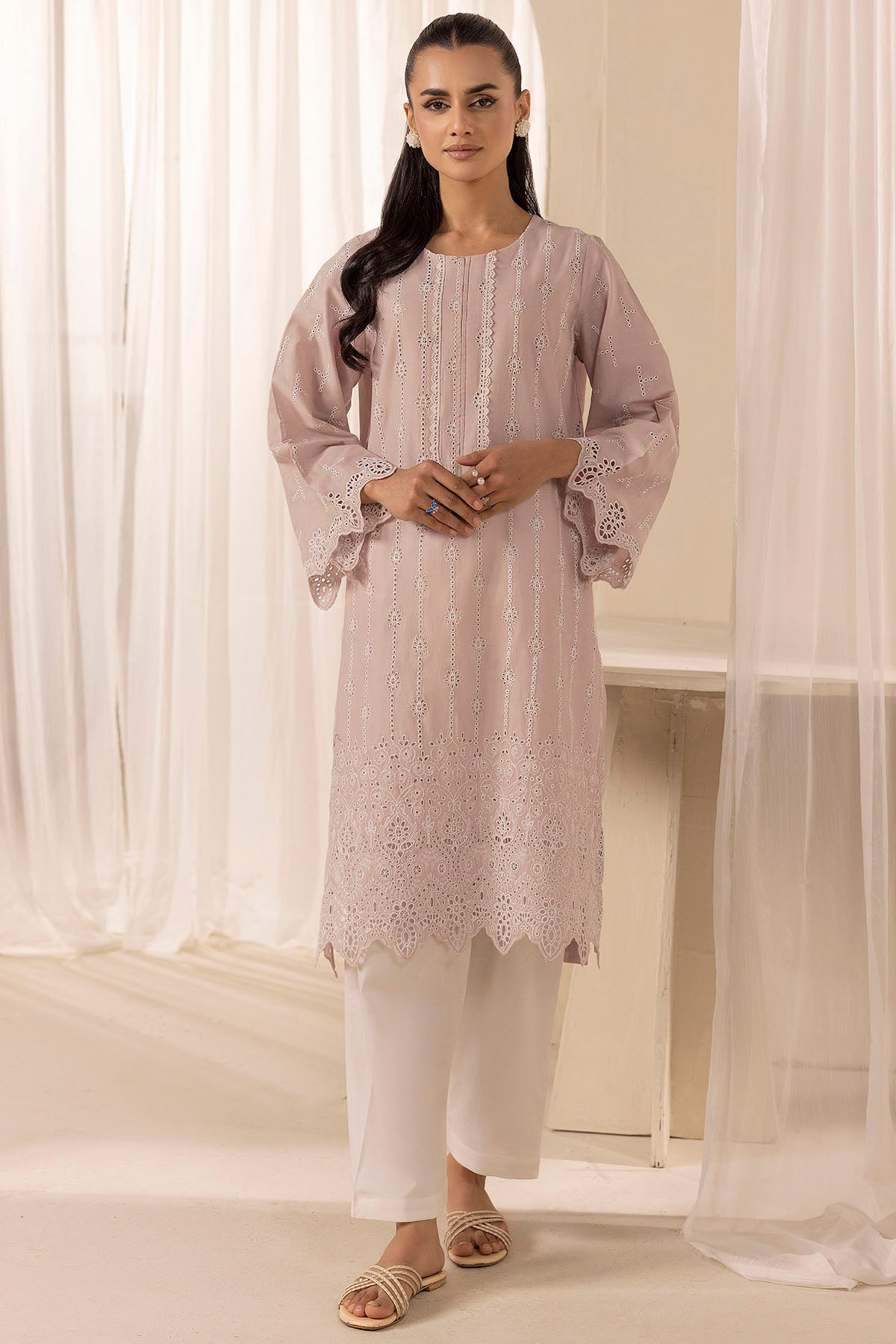 Dusty Pink Schiffli Embroidered Cambric Lawn Shirt (1-Pc) - Image 1