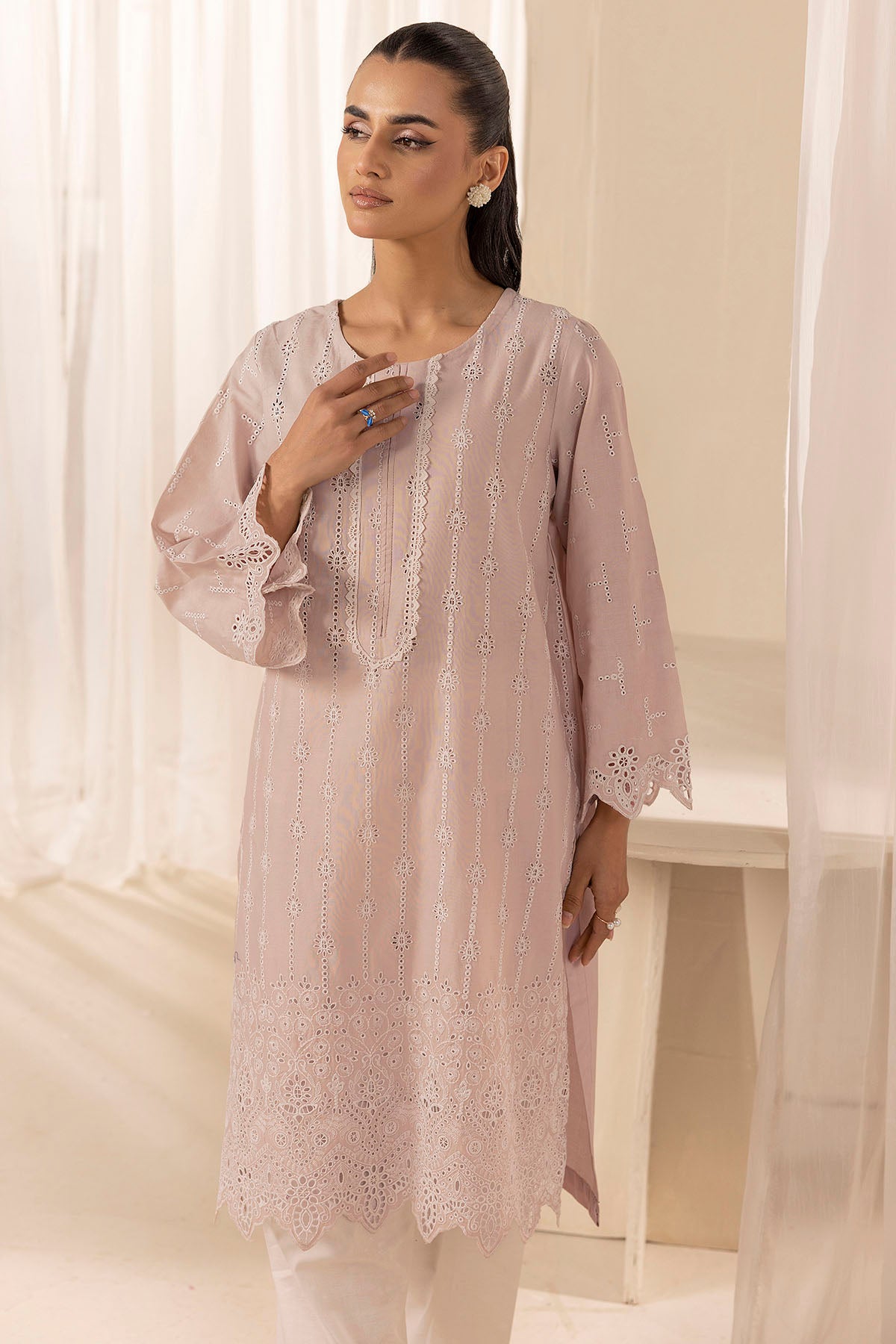 Dusty Pink Schiffli Embroidered Cambric Lawn Shirt (1-Pc) - Image 2