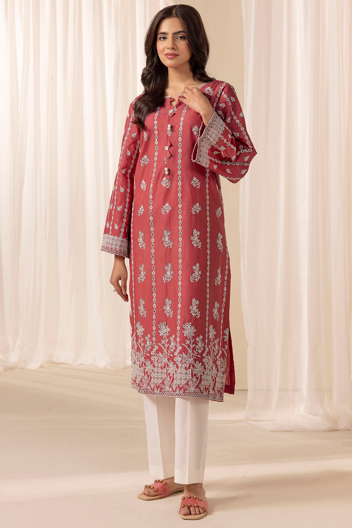 Pakistani Rose Pink Schiffli Embroidered Cambric Lawn Shirt (1-Pc) - Image 1