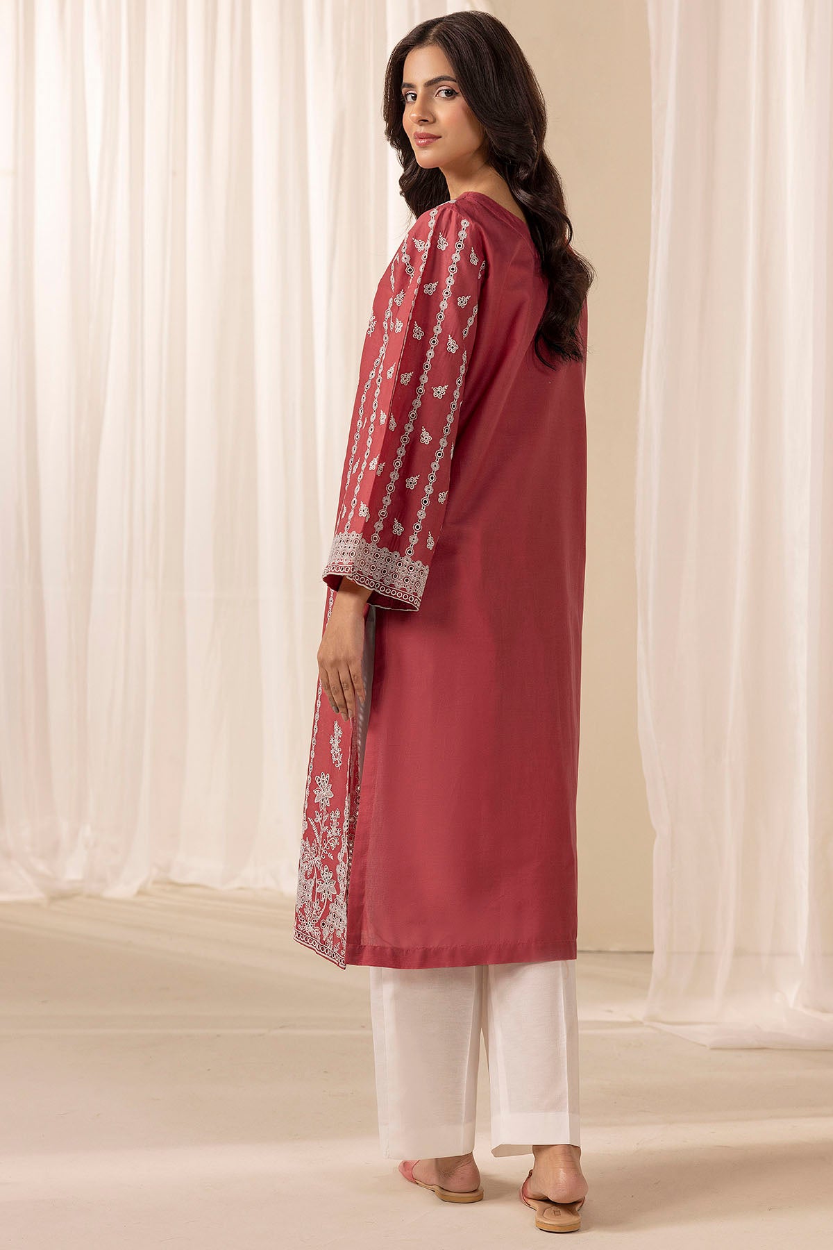 Pakistani Rose Pink Schiffli Embroidered Cambric Lawn Shirt (1-Pc) - Image 3
