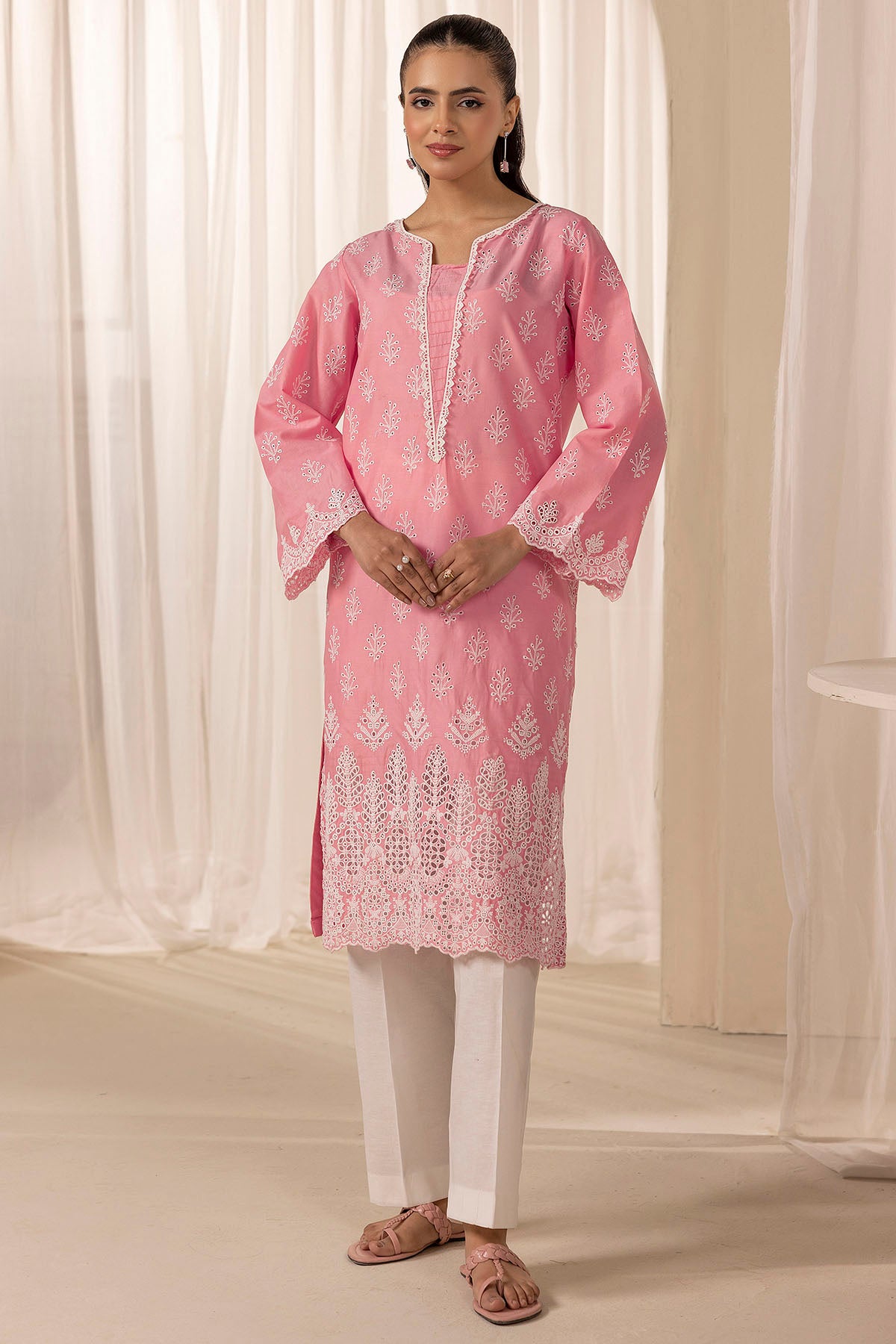 Pakistani Pastel Pink Schiffli Embroidered Cambric Lawn Kameez (2-Piece) - Image 1