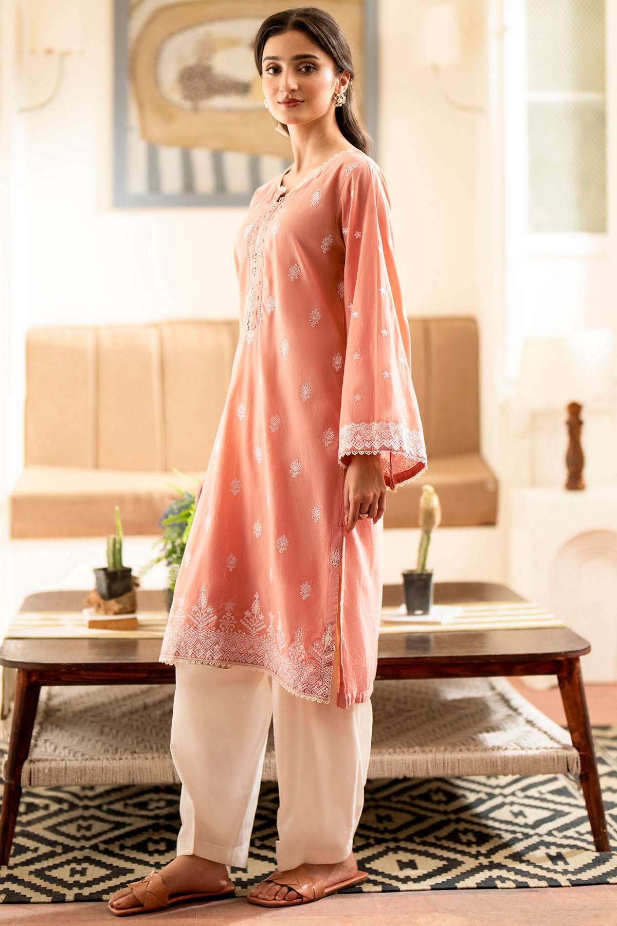 Pakistani Peach Schiffli Embroidered Cambric Lawn Kameez (2-Piece) - Image 2