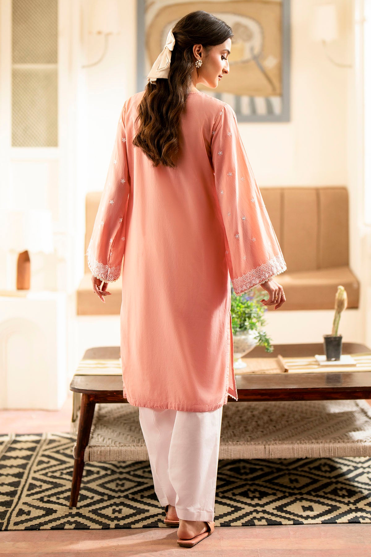 Pakistani Peach Schiffli Embroidered Cambric Lawn Kameez (2-Piece) - Image 3