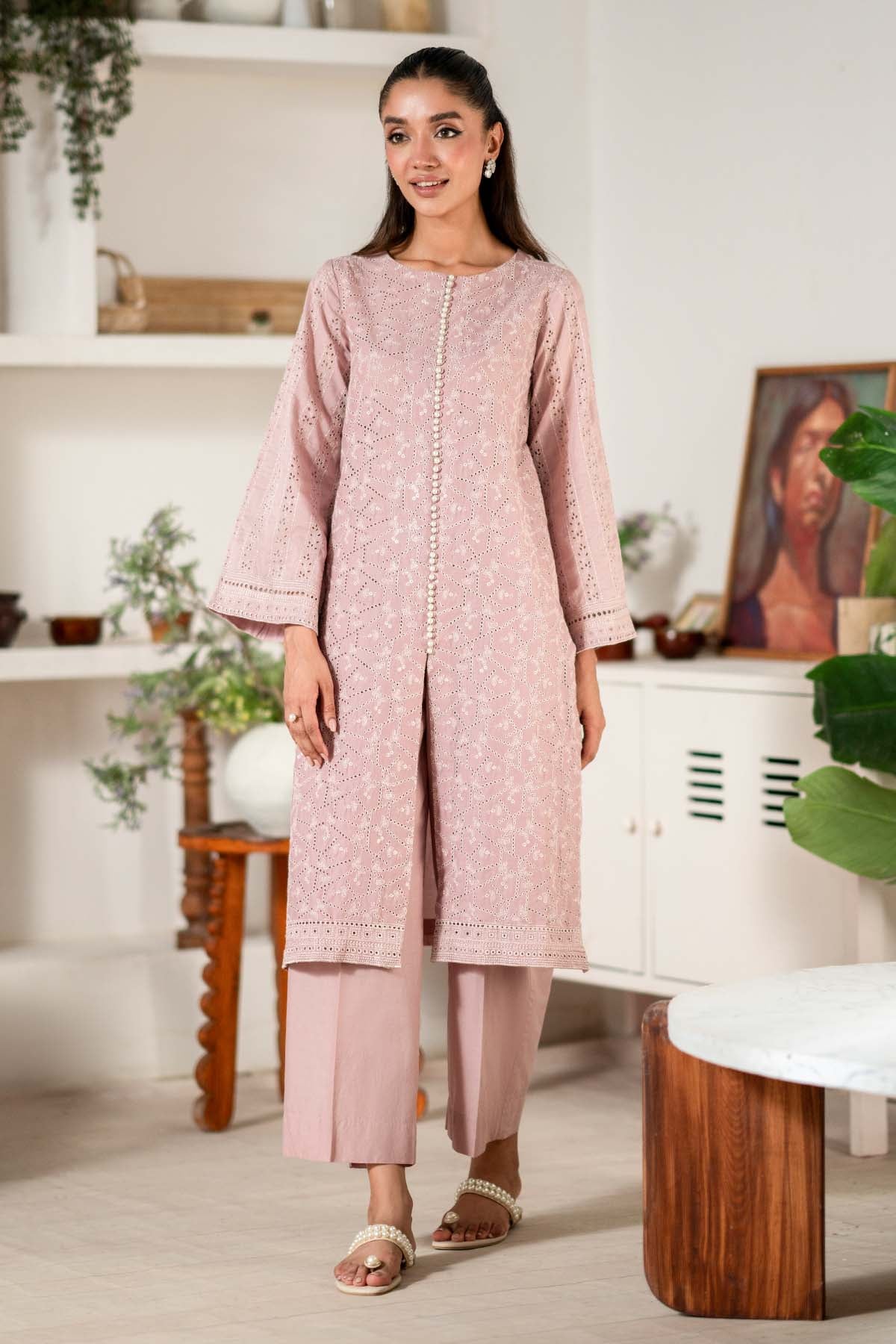 Pakistani Dusty Pink Schiffli Embroidered Cambric Lawn (2-Piece) - Image 1